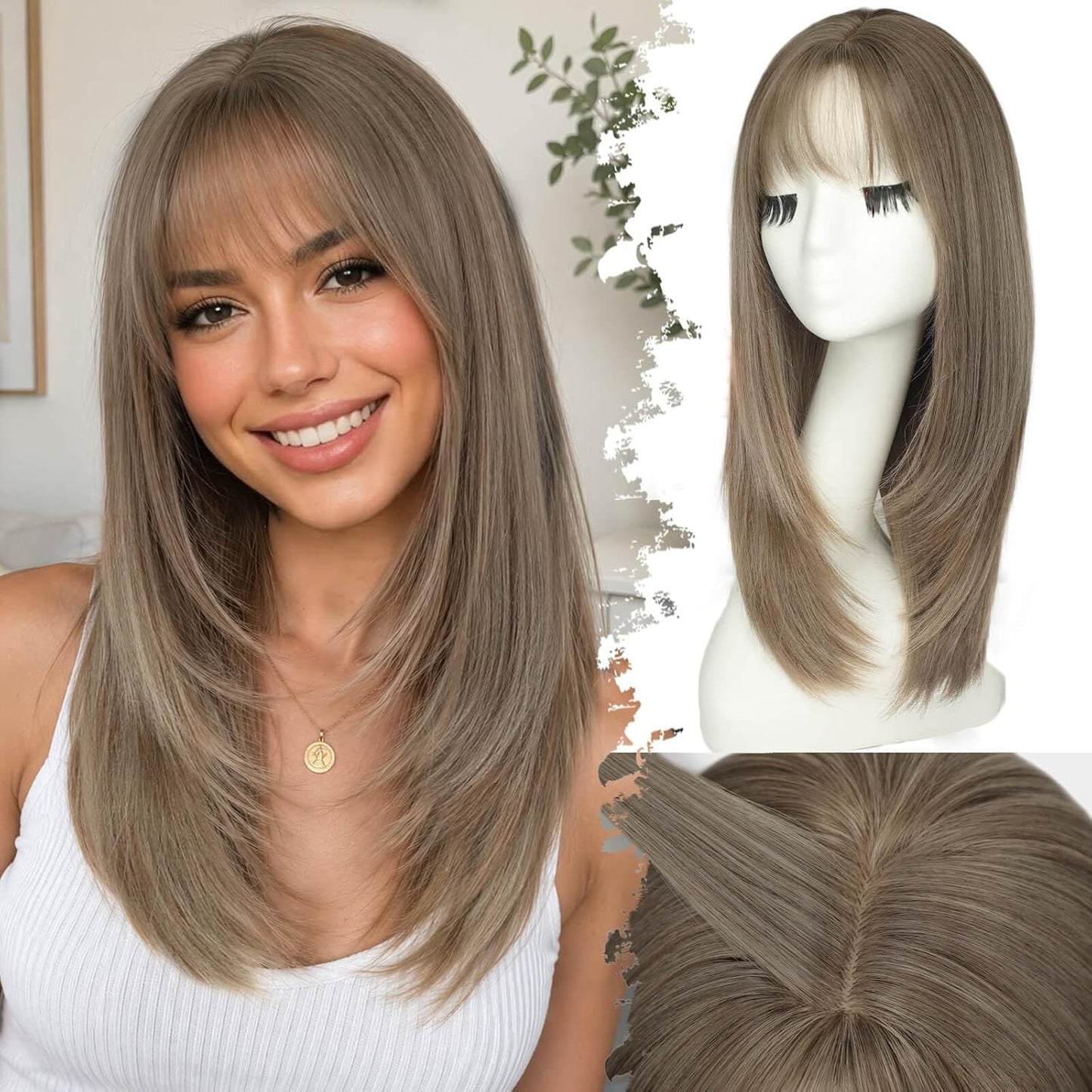 Beginner-Friendly Ash Blonde Wig with Bangs - 4x4 Glueless Synthetic Hair, Medium Length, Face-Framing Layers