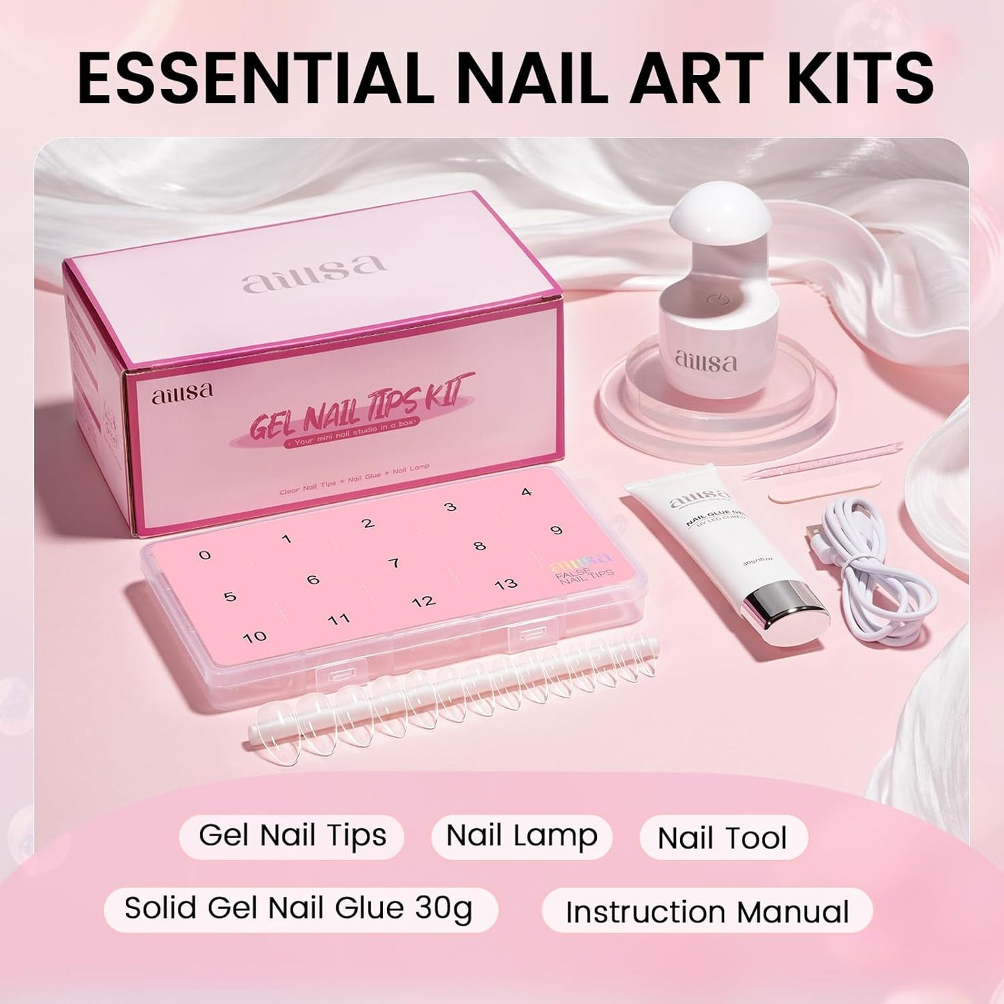 Nail Extension Kit - Medium Almond Nail Tips 224pcs | Solid Gel Glue 30g & Nail Lamp for DIY Home Salon