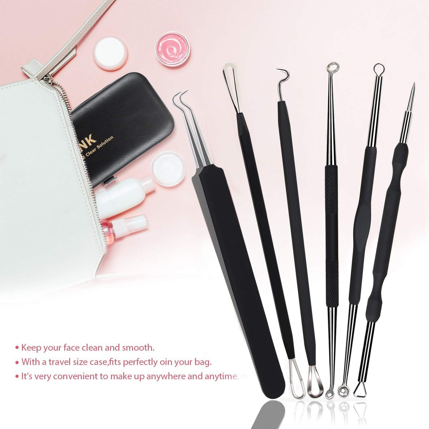 Blackhead Remover Tool Kit - 6 Pcs Comedone Extractor Set for Acne & Blemish Removal | Includes Leather Bag (Black)