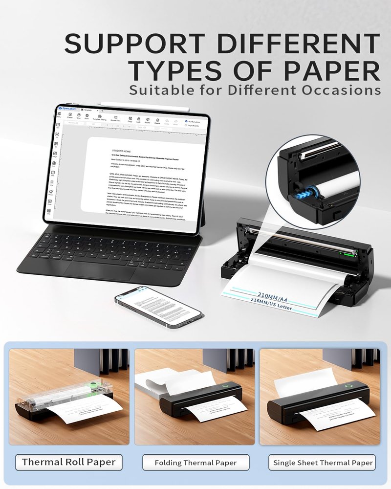 NDYIN Portable Printers Wireless for Travel, N80 Wireless Thermal Printer Bluetooth Inkless Printer Support 8.5" X 11" US Letter & A4, Compatible with iOS, Android, Laptop