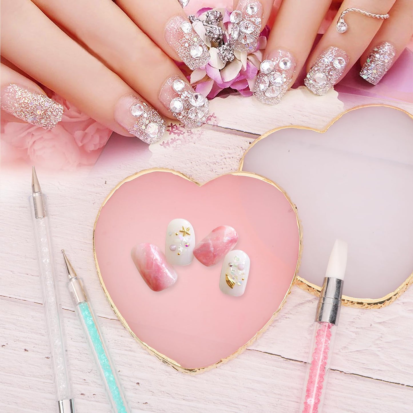SUMAJU 2 Pcs Resin Nail Art Palette, Nail Art Painting Nails Polish Palette Gel Palette Gold Edge Color Makeup Display Nails Arts Tools