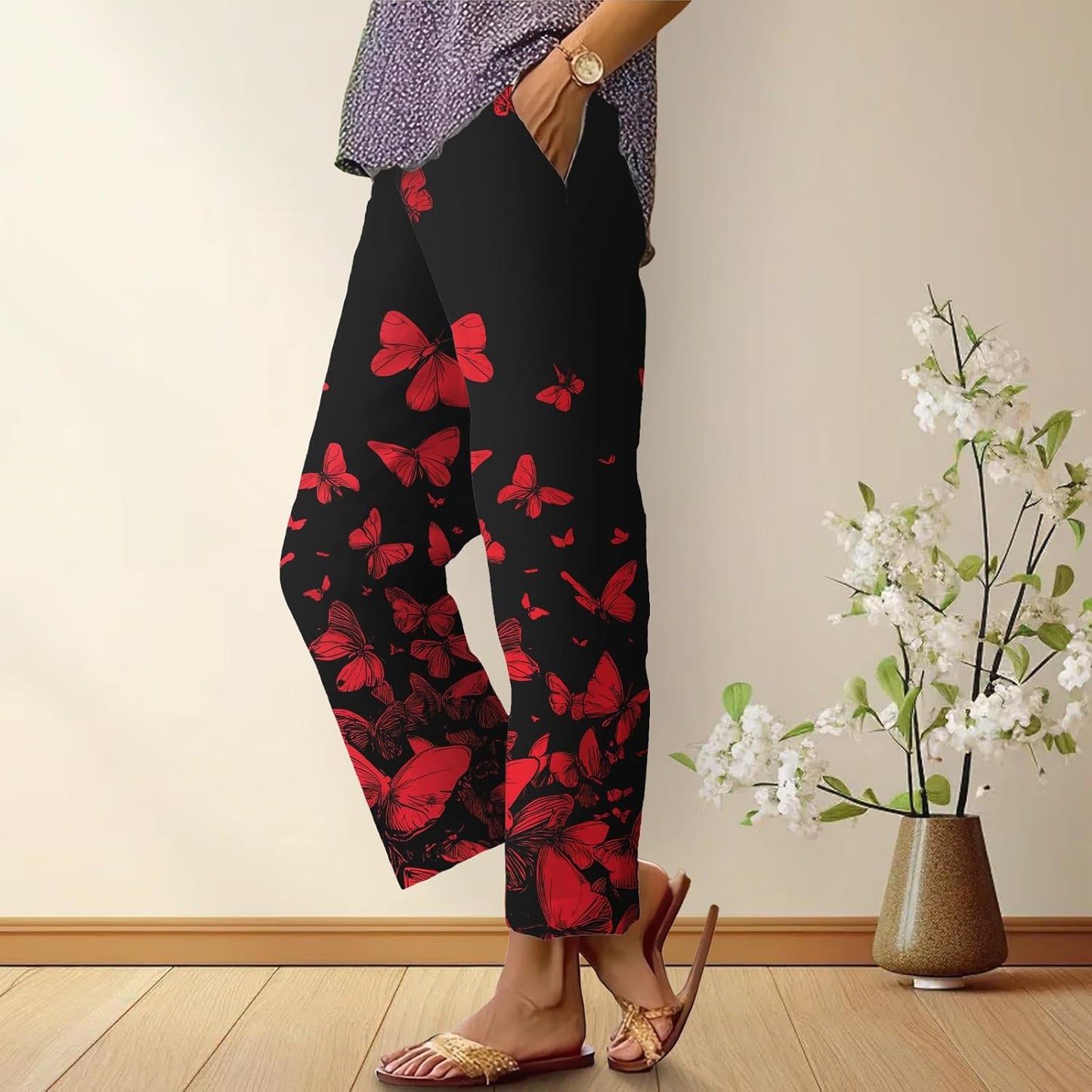 Boho Floral Summer Pants for Women - Elastic Waist Wide Leg Capris | Butterfly Graphic Beach Trousers