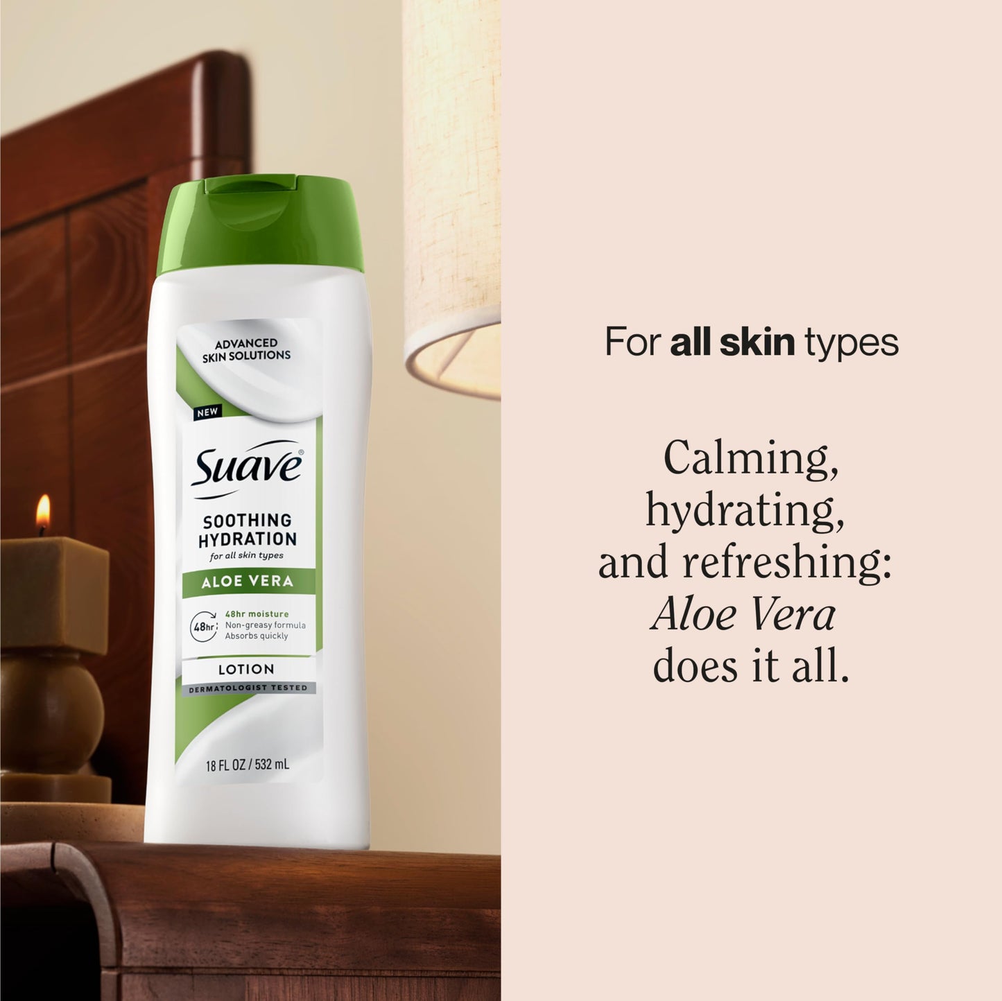 Suave Soothing Hydration Hand & Body Lotion With Aloe Vera Refreshes Dry Skin, Fast Absorbing, Intensive Moisturizing Cream For Women, Non Greasy, Allergen Free, 18 FL OZ