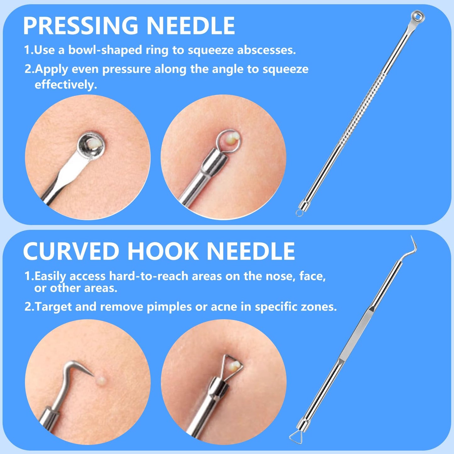 AskBed 5PCS Blackhead Remover Comedone Extractor Kit - Professional Stainless Steel Tools for Pimple, Acne, and Blemish Removal - Curved Tweezers Included