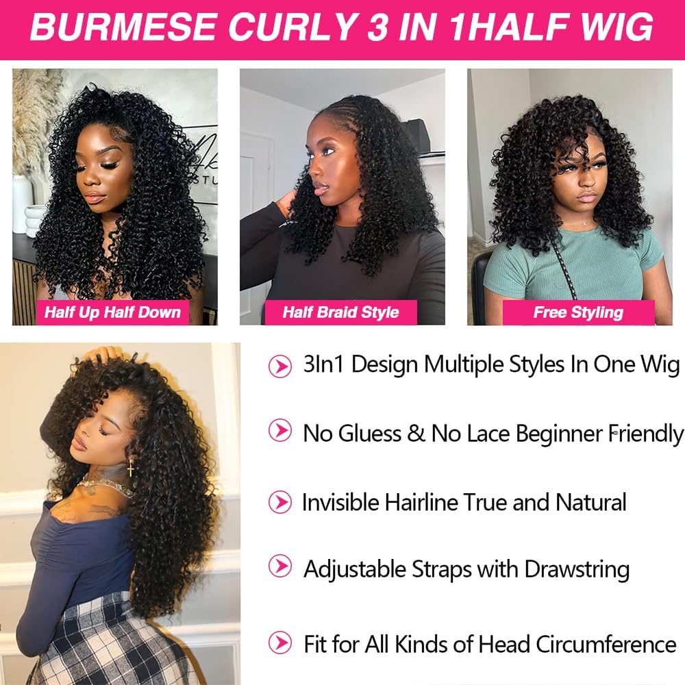 Burmese Curly Half Wig - 12 Inch Glueless Human Hair | 200% Density, Beginner Friendly