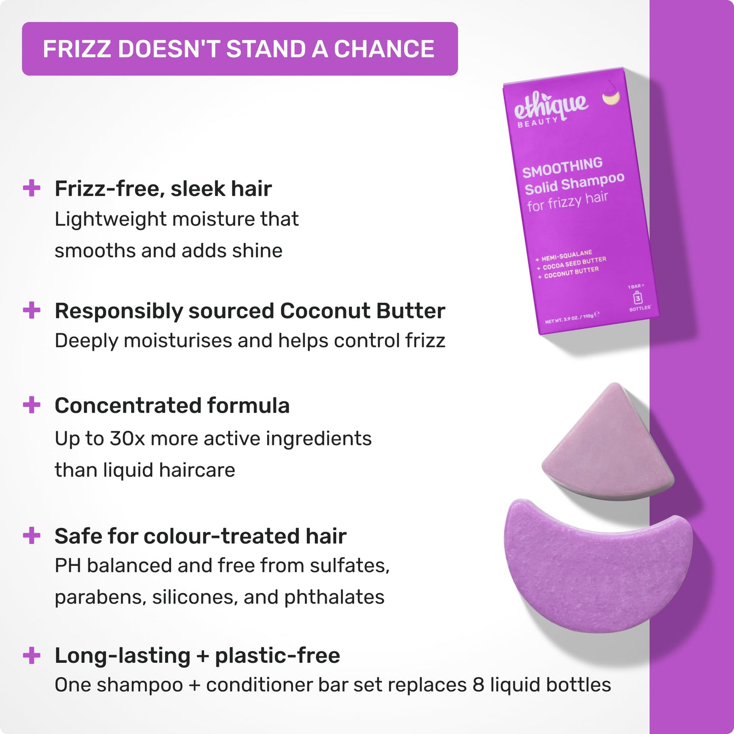 Ethique Smoothing Shampoo Bar for frizzy hair with Coconut Butter - Plastic-Free, Cruelty-Free, Vegan, 3.88 oz - Formerly Frizz Wrangler