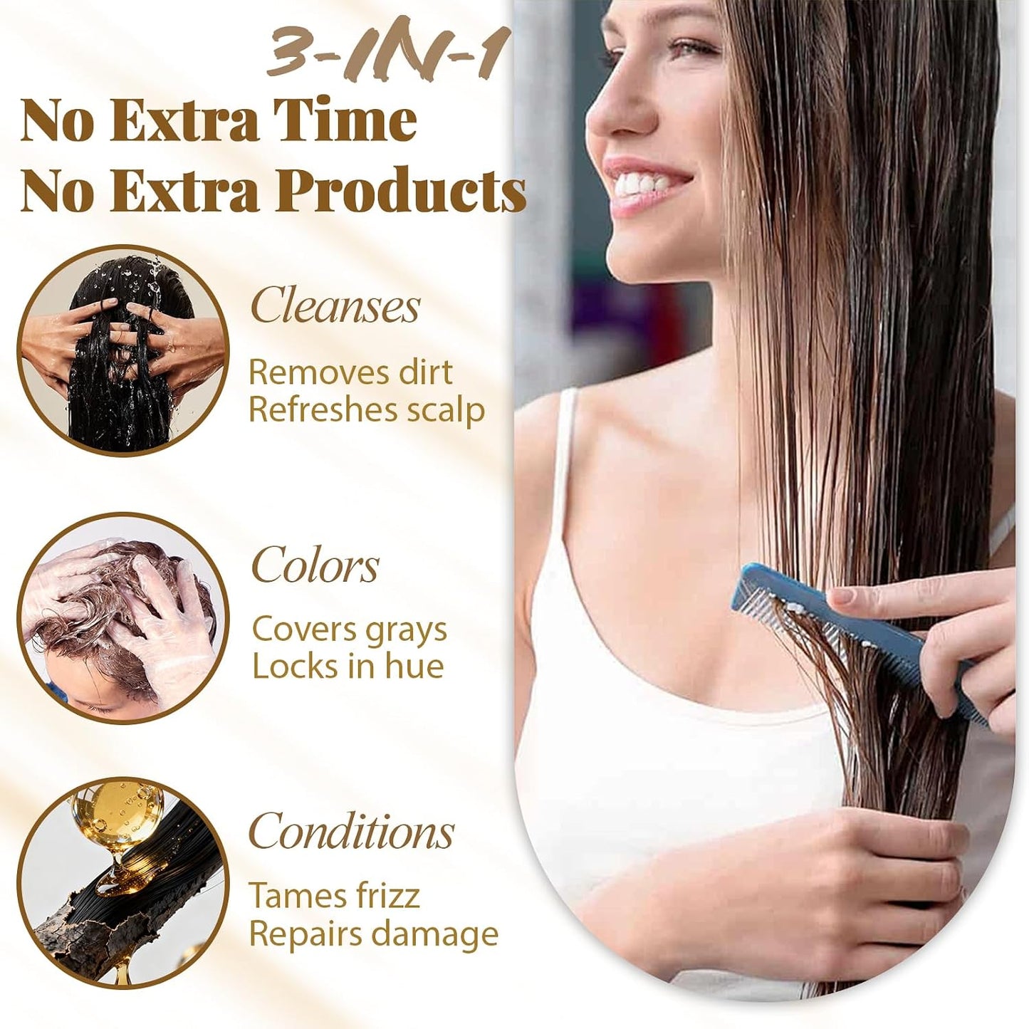 Light Brown Hair Dye Shampoo - 3-in-1 Color Treatment for Gray Coverage | Fast-Acting Natural Brown Hair Color