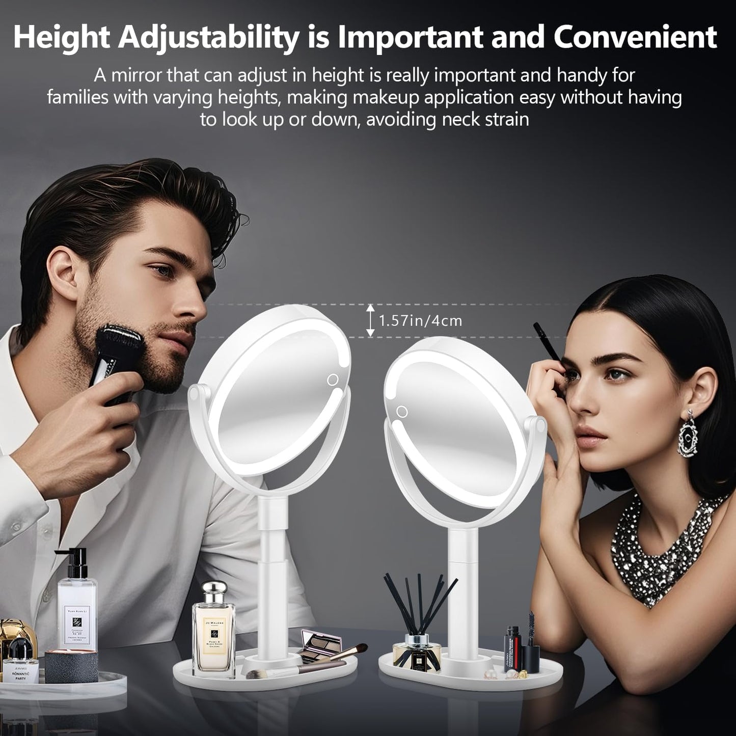 MIYADIVA 30X Magnifying Makeup Mirror with Lights - Adjustable Height, Dual-Sided, Phone Holder, 2000mAh Battery