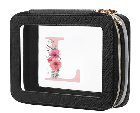 Relavel Personalized Initial Clear Makeup Bag, PU Leather Waterproof Travel Toiletry Bag with Zipper, Portable Skincare Pouch Car Organizer Bag, Idea Gifts for Women Girls, Black L