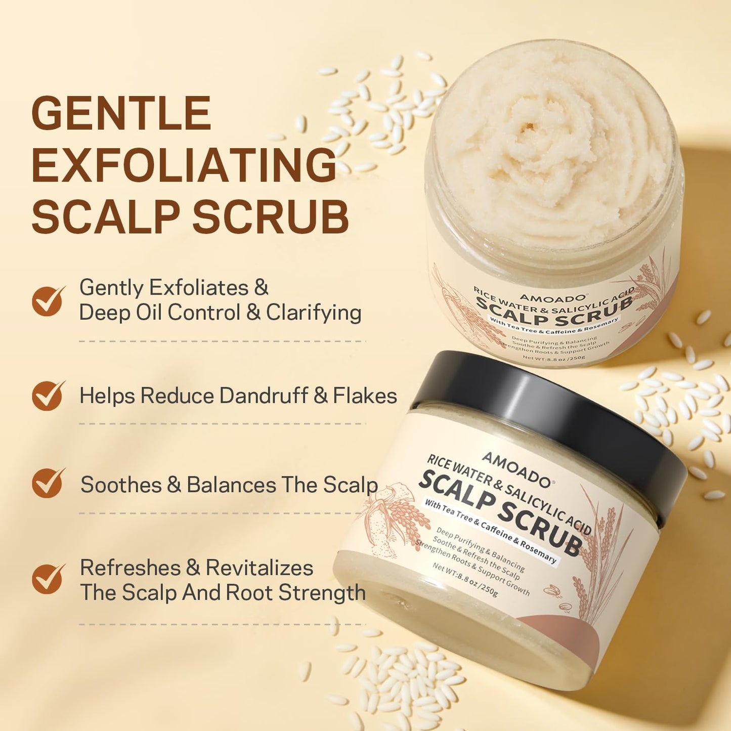 AMOADO Rice Water Scalp Scrub with Salicylic Acid(BHA), Tea Tree & Rosemary – Gentle Exfoliating Scalp Scrub Shampoo for Dandruff, Removes Buildup, Controls Oil & Refreshes the Scalp, 8.8 oz
