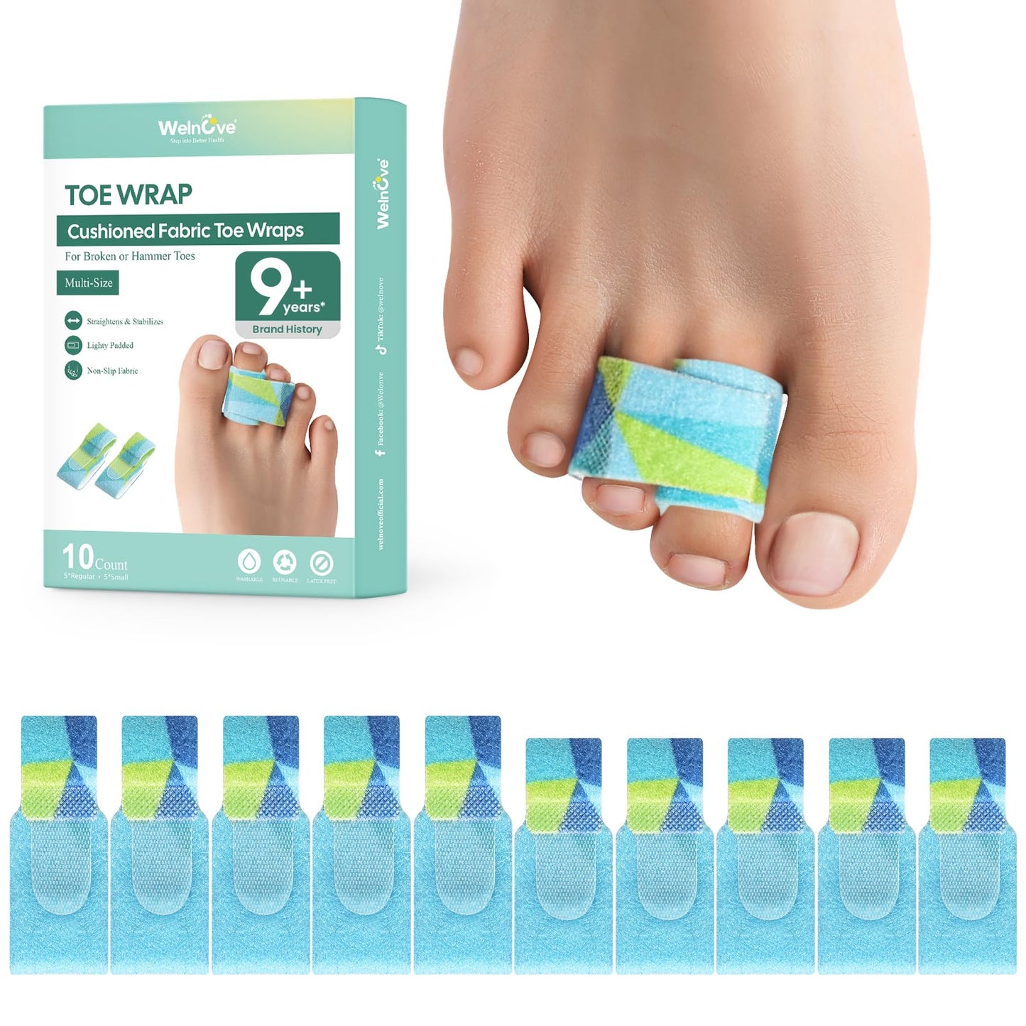 Welnove Hammer Toe Straightener - 10 Pack Toe Corrector Splints - Realign Bent, Curled, Crooked, Claw, Mallet Toes - Toe Straighteners for Men and Women- (Multi-Size, Patterned)
