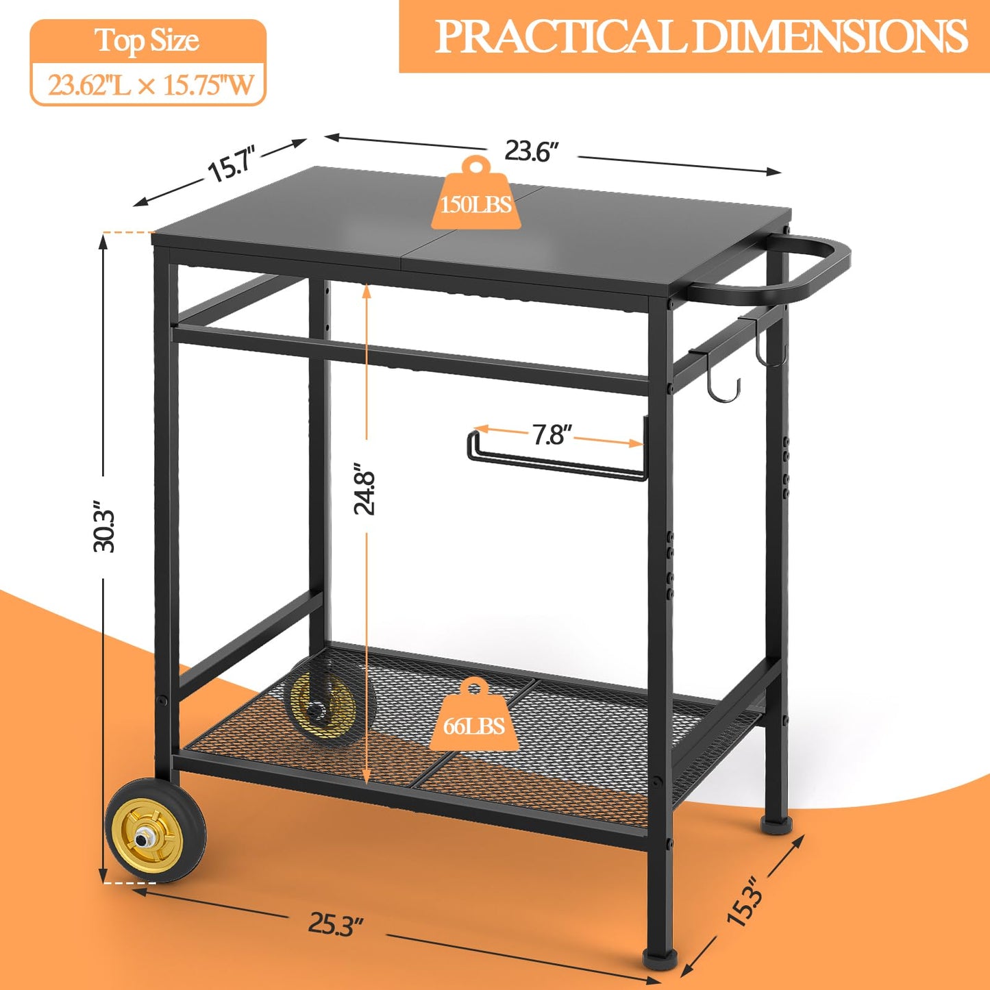 2-Tier Outdoor Grill Table with Wheels, Movable Cooking Food Prep Table for Outside BBQ Gathering, with 23.62" Lx 15.75" W Rust-resistant Tabletop, Griddle Stand for Patio & Backyard & Tools Room