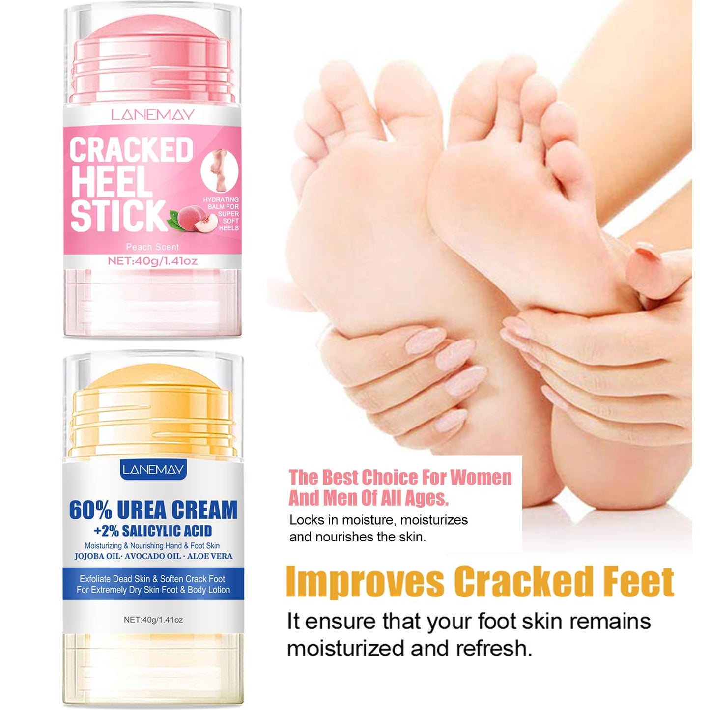 DENESTUP 2Pcs Urea Cream 60% for Feet & Dry Cracked Skin, Cracked Heel Repair Stick Maximum Strength Moisturizing Foot & Hand Balm, Repair Creams for Dry Feet, Knee, Elbow and Hand