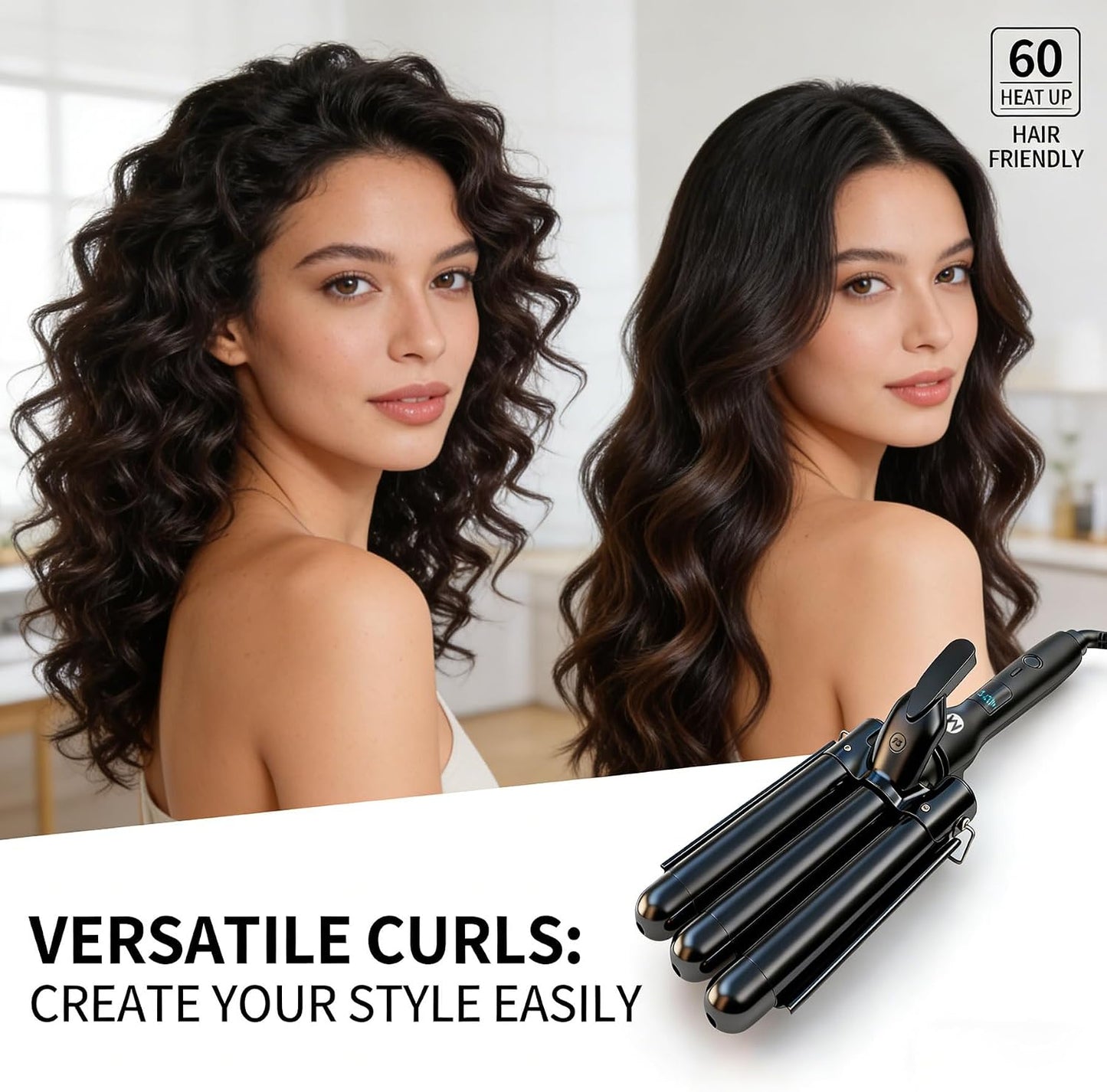 3 Barrel Curling Iron - 1 Inch Ceramic Tourmaline Hair Waver Wand with LCD Display | Fast Heating, Travel-Friendly, Black