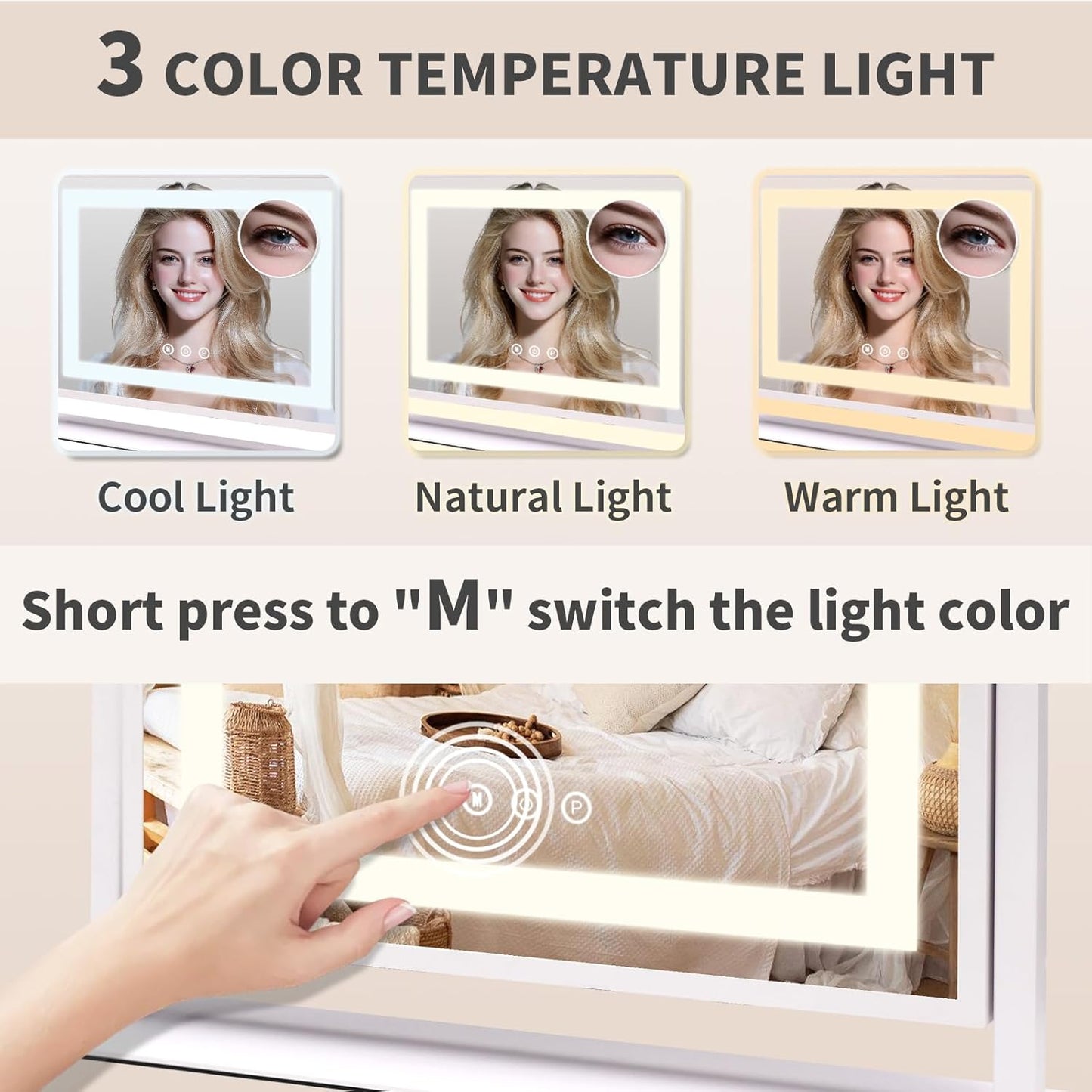 Lighted Makeup Mirror with Touch Control - 3 Color Modes, 10X Magnification & Dimmable LED | 24x19 Inch Desktop Mirror