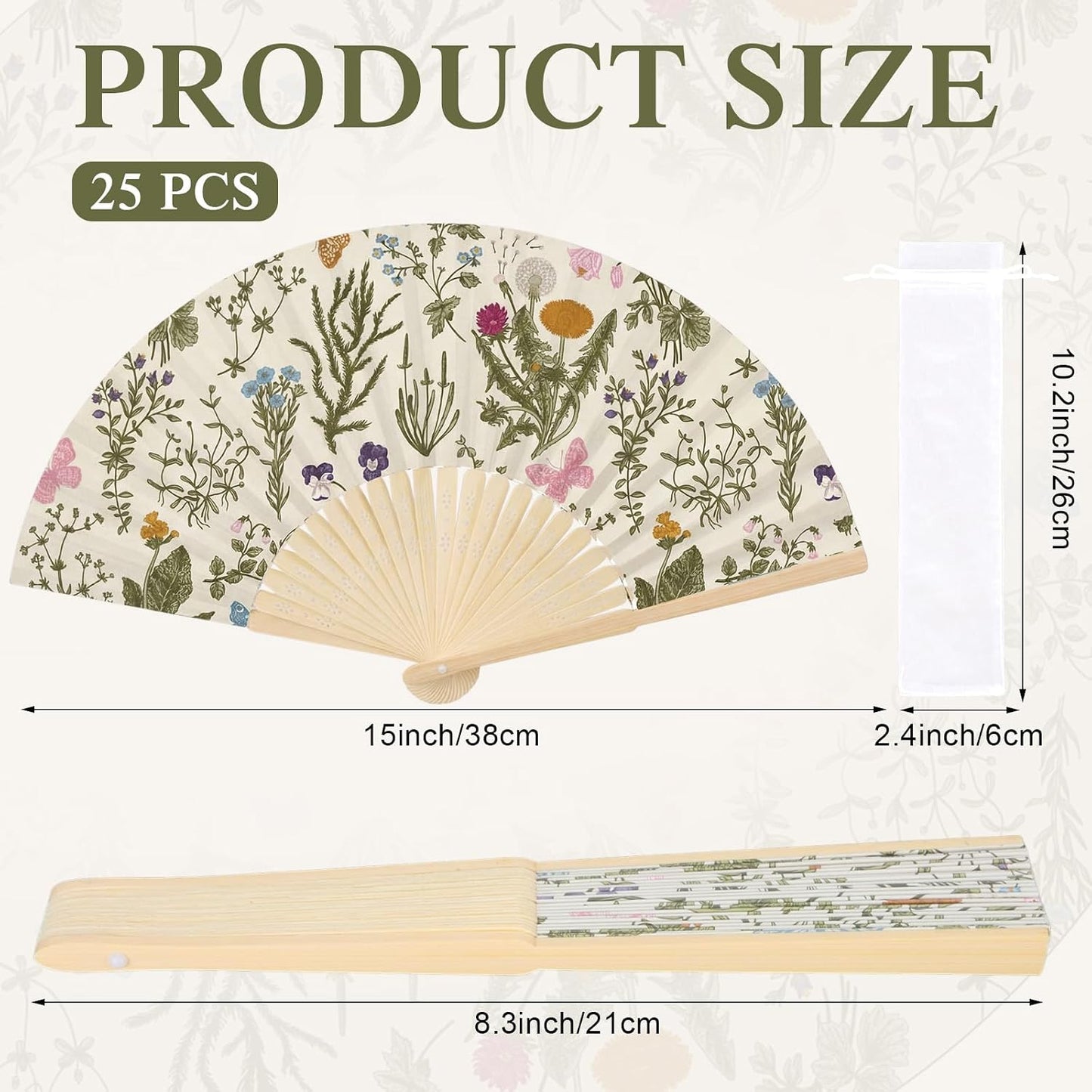 Wildflower Folding Hand Fan Set - 25 Vintage Paper Fans with Organza Bags | Perfect for Weddings & Tea Parties