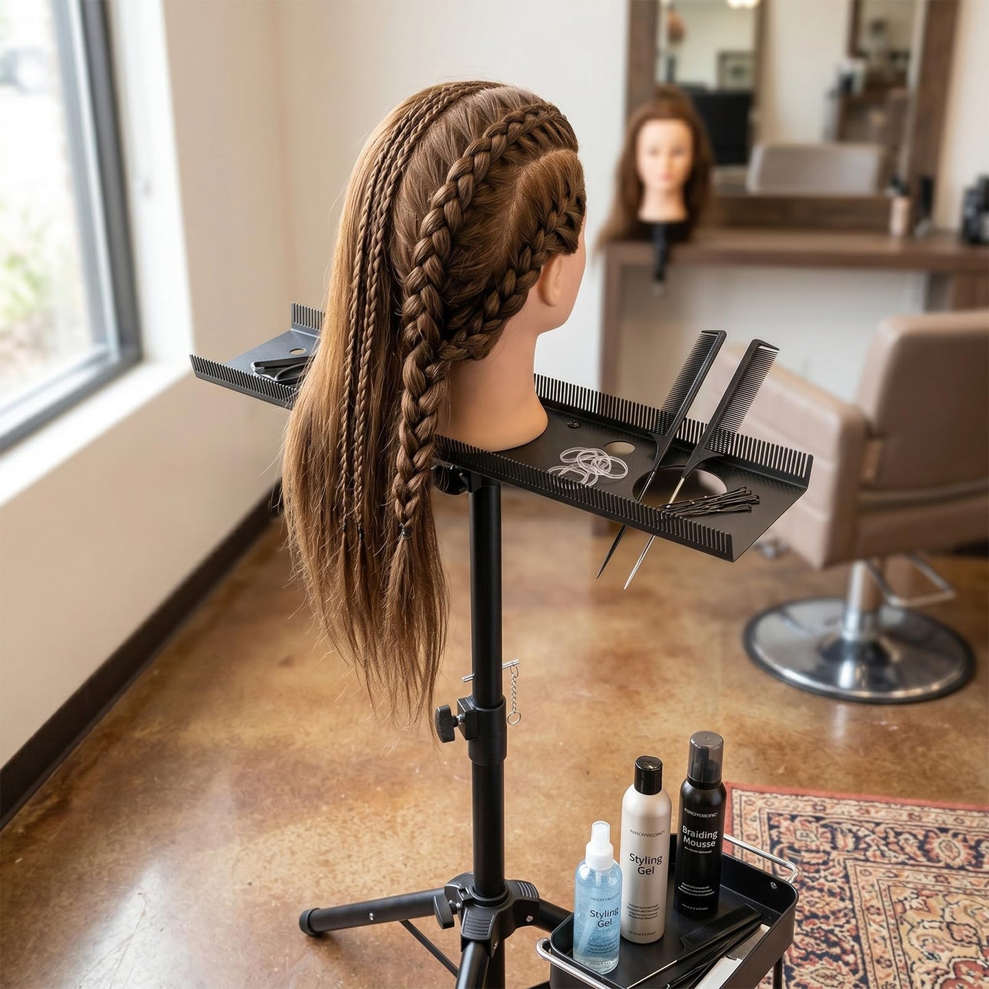 LEIFIDE Stainless Steel Braiding Rack, Hair Extension Holder, Braiding Rack Stand Tripod, Height Adjustable 30.12-39.96 Inches, Foldable Extension Salon Tray, Black