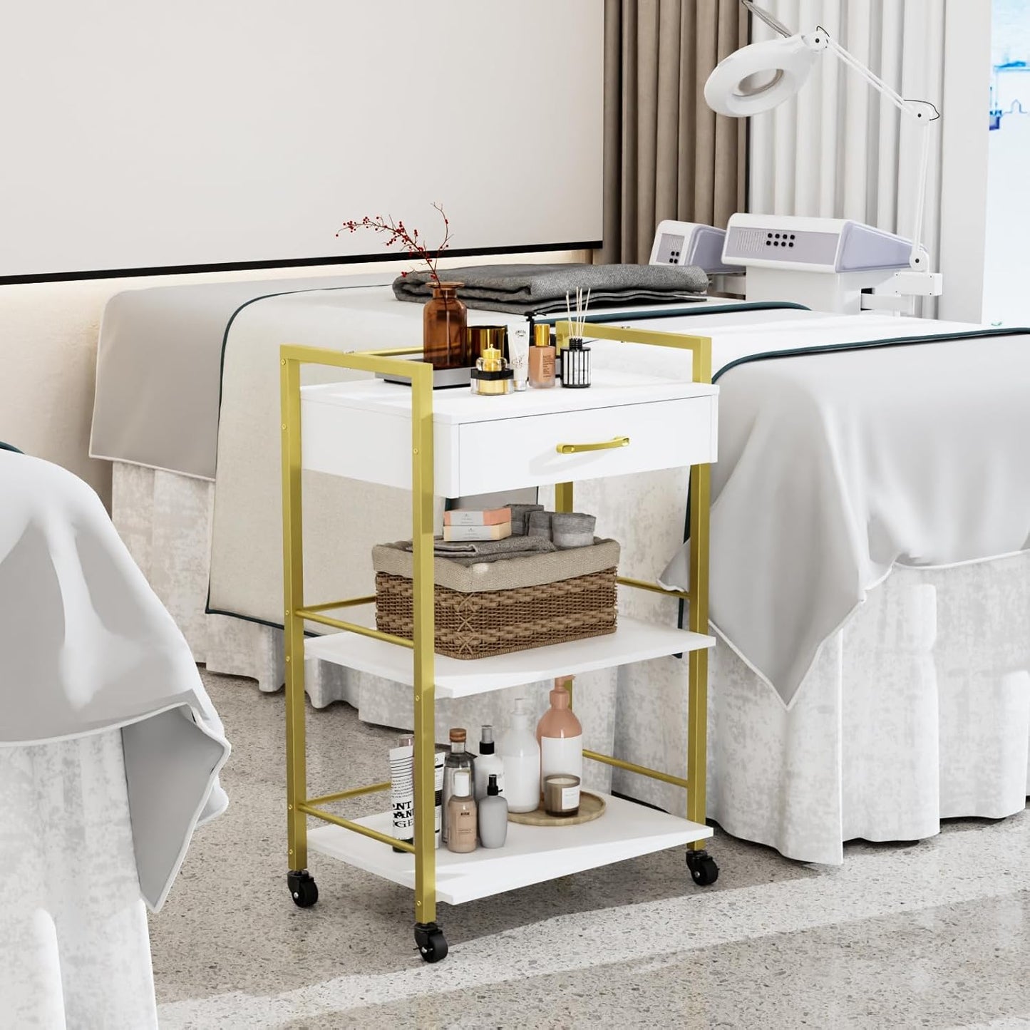 OmySalon Salon Trolley Cart - Mobile Beauty Storage Organizer with 1 Drawer & 2 Trays | White Gold