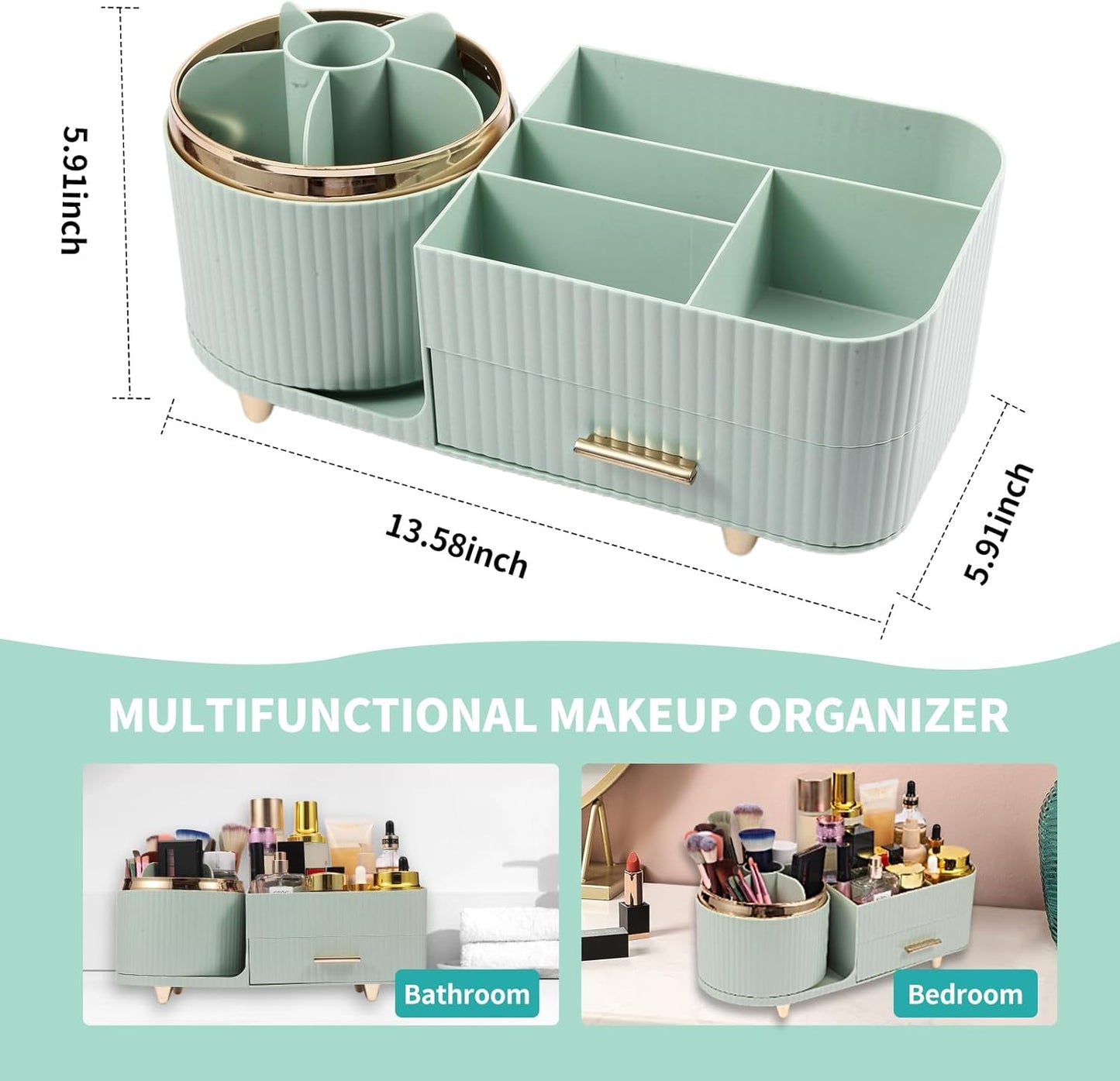 Makeup Organizer - 360° Rotating Brush Holder with Drawer | Large Capacity Skincare & Cosmetic Display - Green