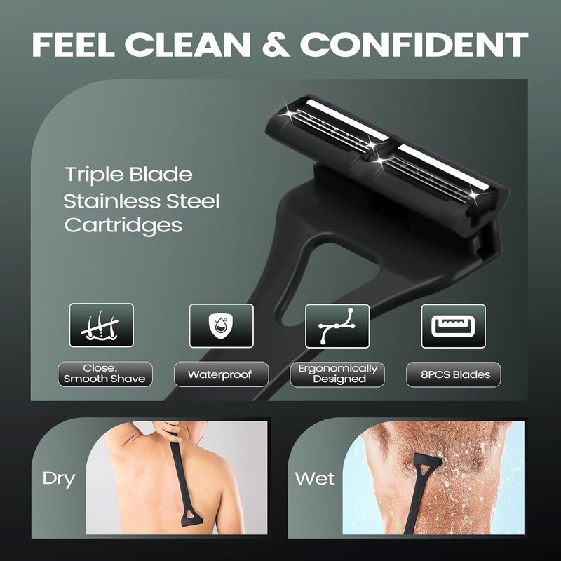 ETbyto Back Shavers for Men with Foldable Long Ergonomic Handle: DIY Hair Shaver, Replaceable Safety Blade & Portable Razor Groomer for Men, Wet & Dry Shaving - Black (8PCS Blades Included)
