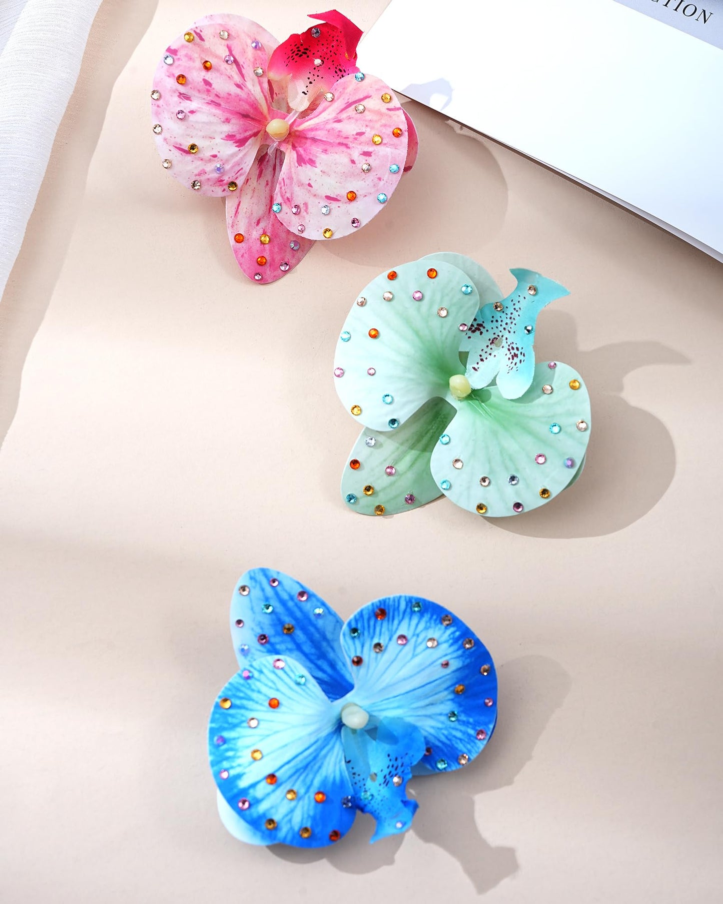 Mesovor 3 Pack Hawaiian Flower Hair Clips, Artificial Tropical Flower Orchid Hair Pin | Rhinestone Hairpins Hair Accessories for Wedding Bridal Beach Party (Blue Moth Orchid)