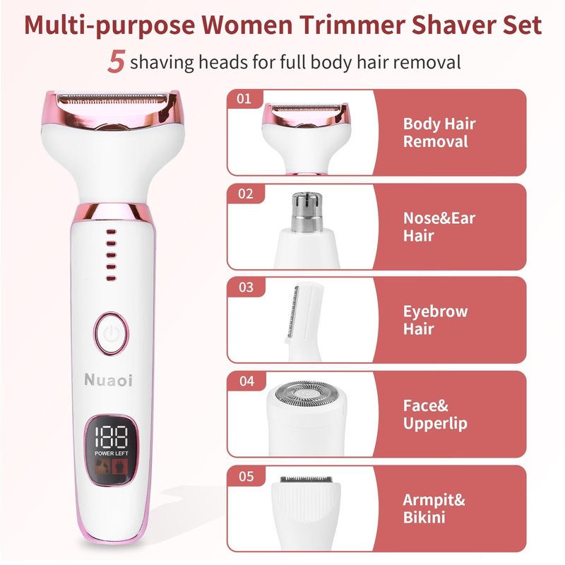Electric Shaver Razors for Women - 5 in 1 Bikini Trimmer for Women Body Hair Trimmer Facial Hair Removal Cordless Rechargeable Body Shaver for Face Chin Arms Underarm Legs Arms Eyebrow