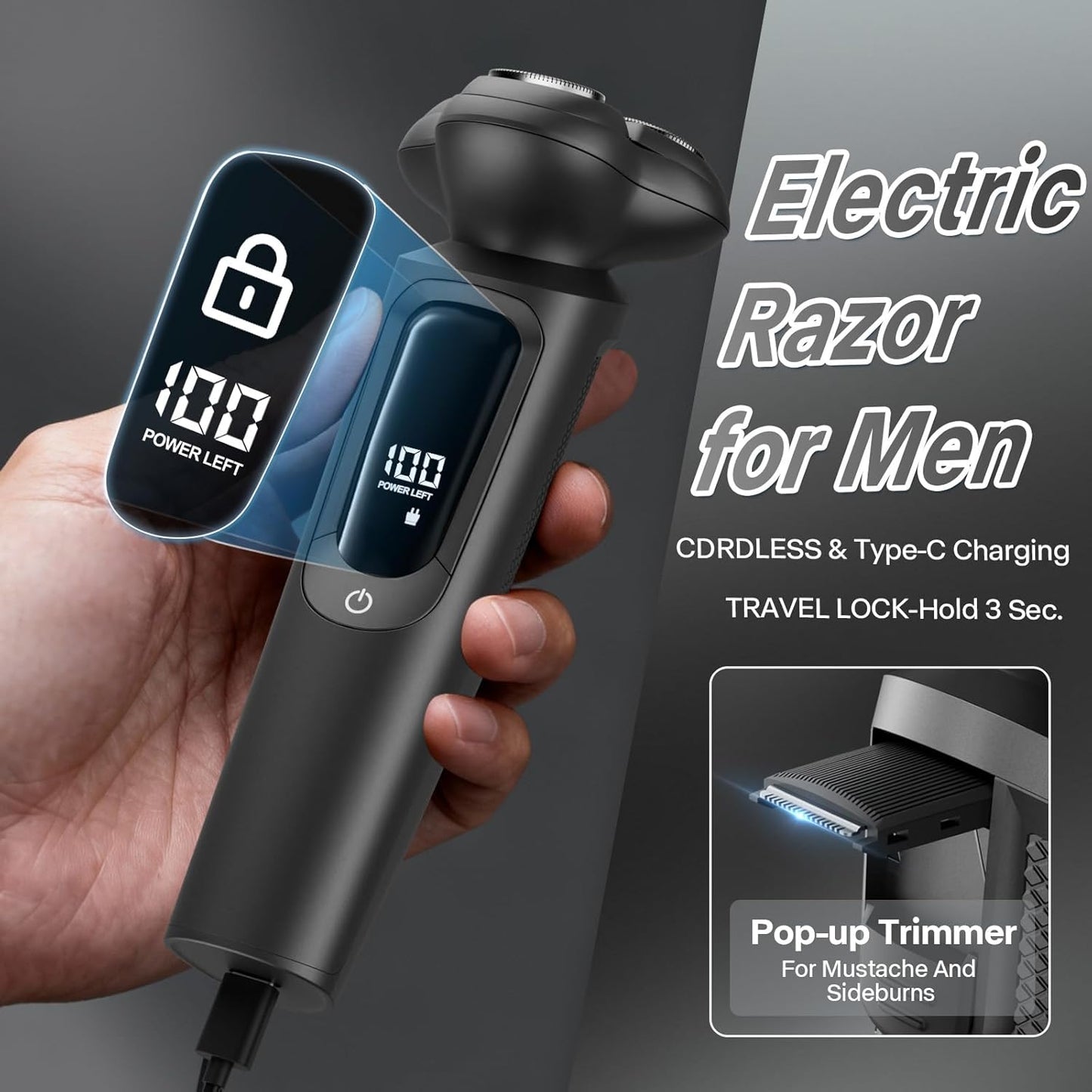 Electric Razor for Men - 3D Flex Blades, Pop-Up Trimmer, IPX8 Waterproof | Sleek Gunmetal Finish