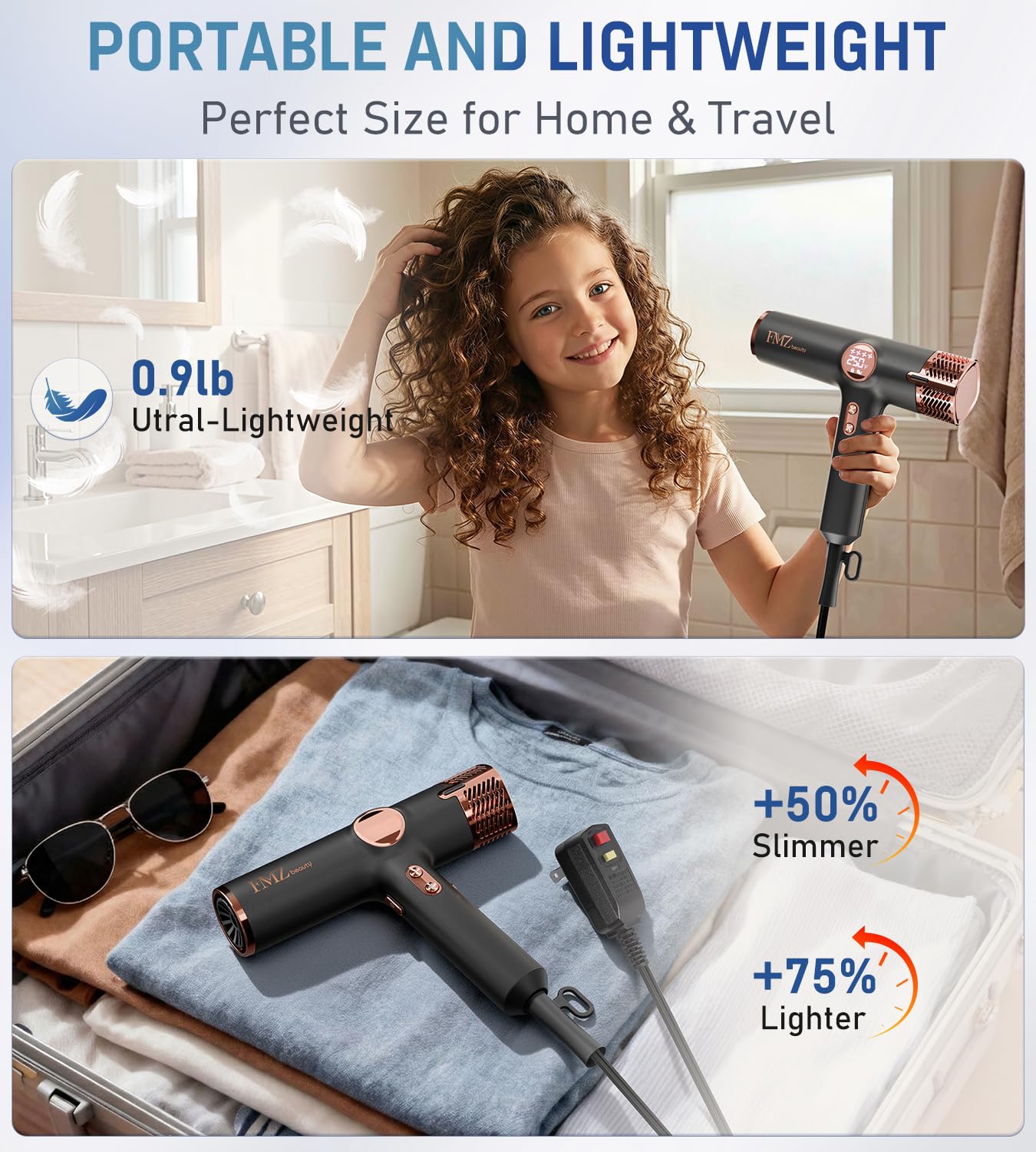 FMZ Professional Ionic Hair Blow Dryer Smart Display with Diffuser, 1875W High Speed Powerful BLDC Motor for Fast Drying, Mini Portable Lightweight Quiet, Curly Hairdryer for Men Women Salon Travel