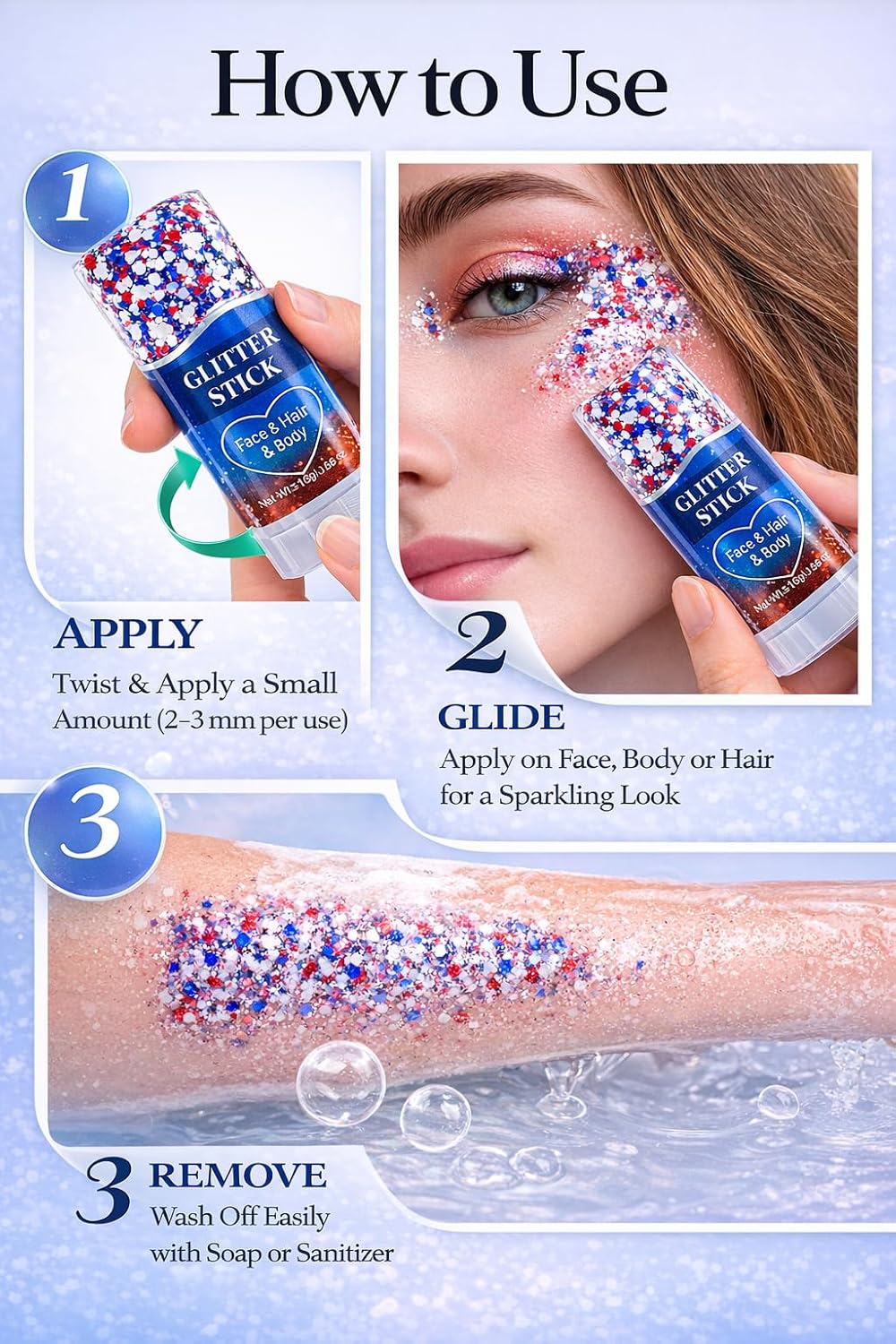 Patriotic Glitter Stick - Red, White & Blue Face, Hair & Body Glitter for 4th of July | Sparkling, Self-Adhesive & Waterproof