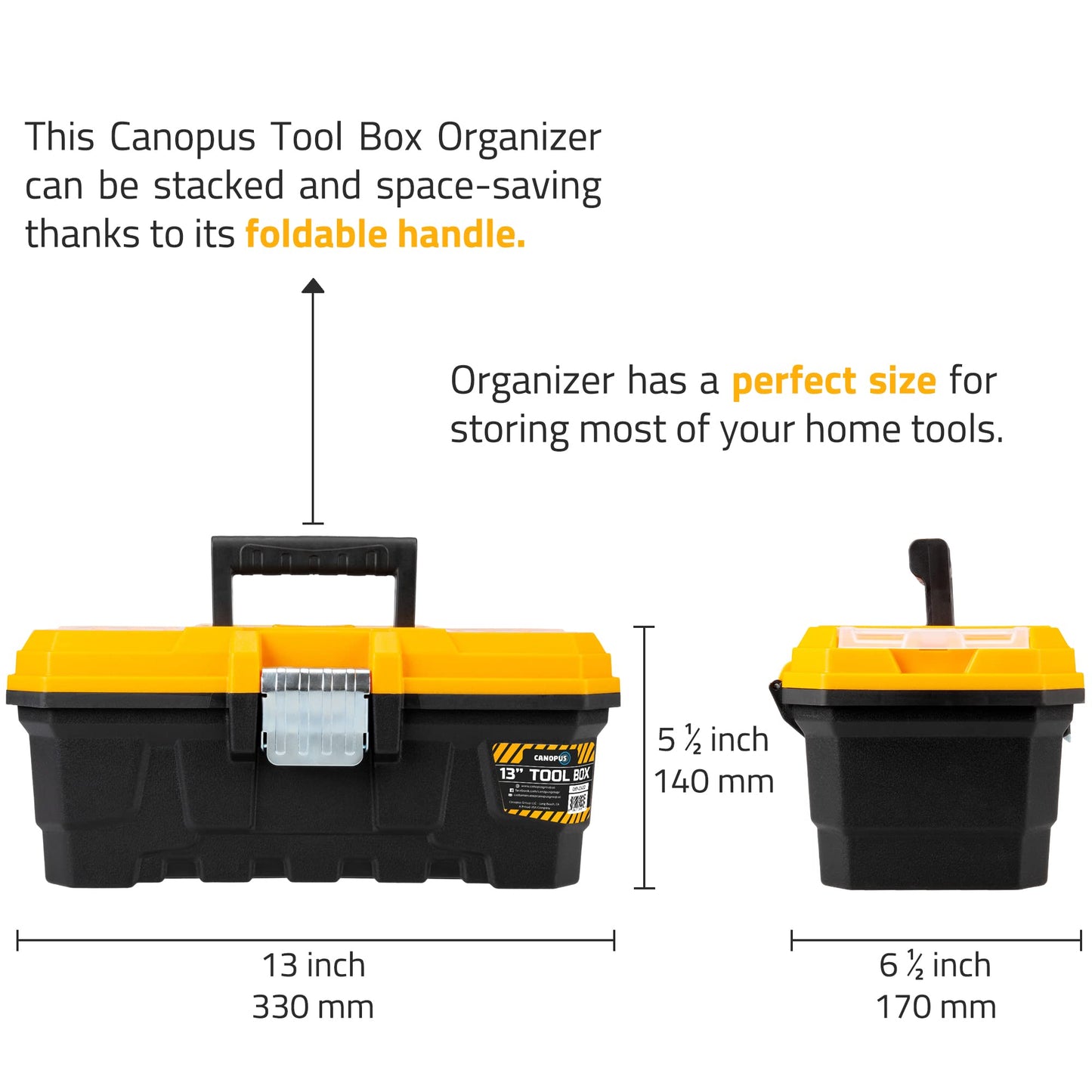 CANOPUS Plastic Toolbox, 13-inch Portable Plastic Tool Box with Metallic Clutch, Small Tool Box Tool Organizer with Extra Storage Tray for Home Tools, Nails and Pins, Black-Yellow