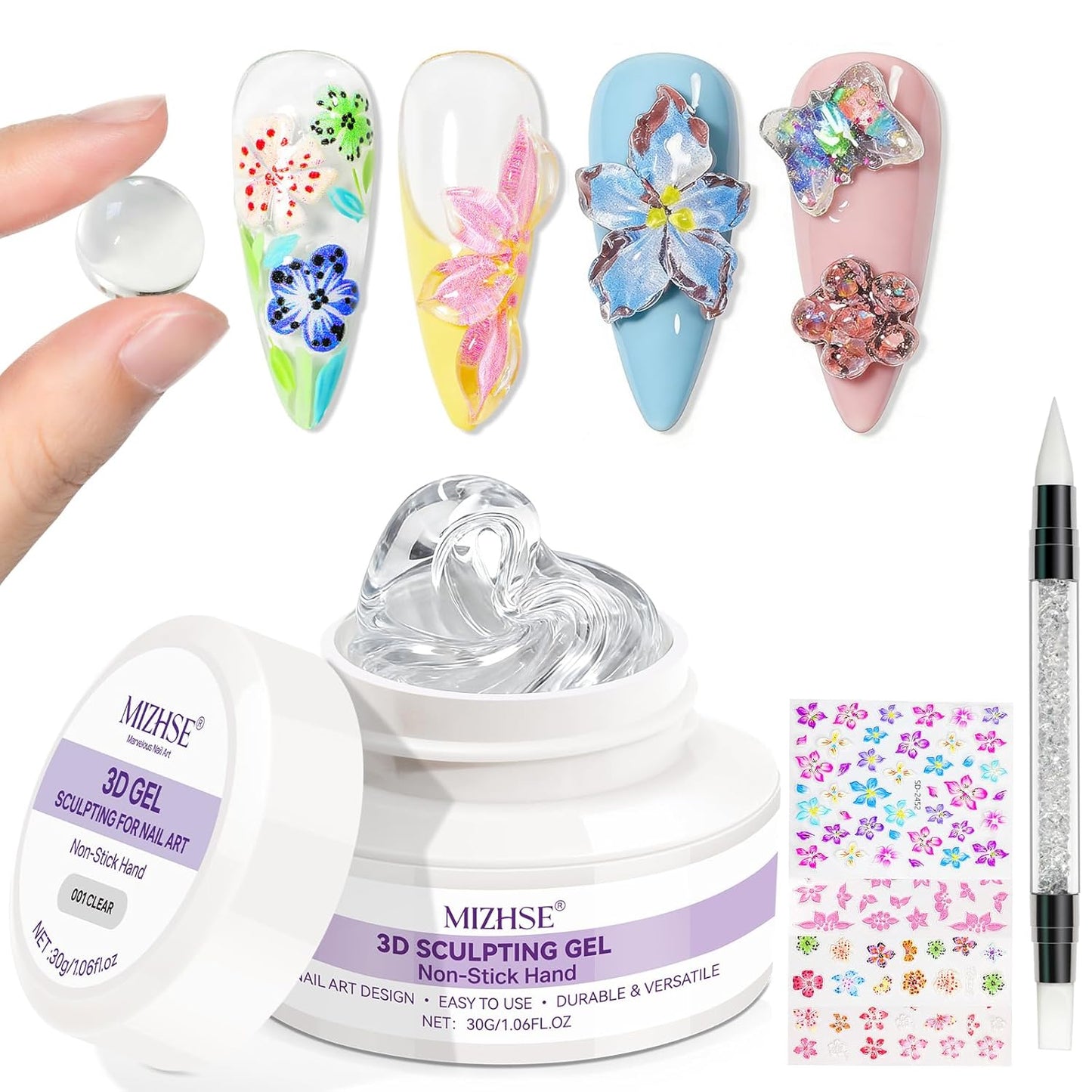 MIZHSE 3D Gel Nail Art - Clear Sculpting Gel for UV/LED Nails | Non-Sticky Molding Gel, 30g
