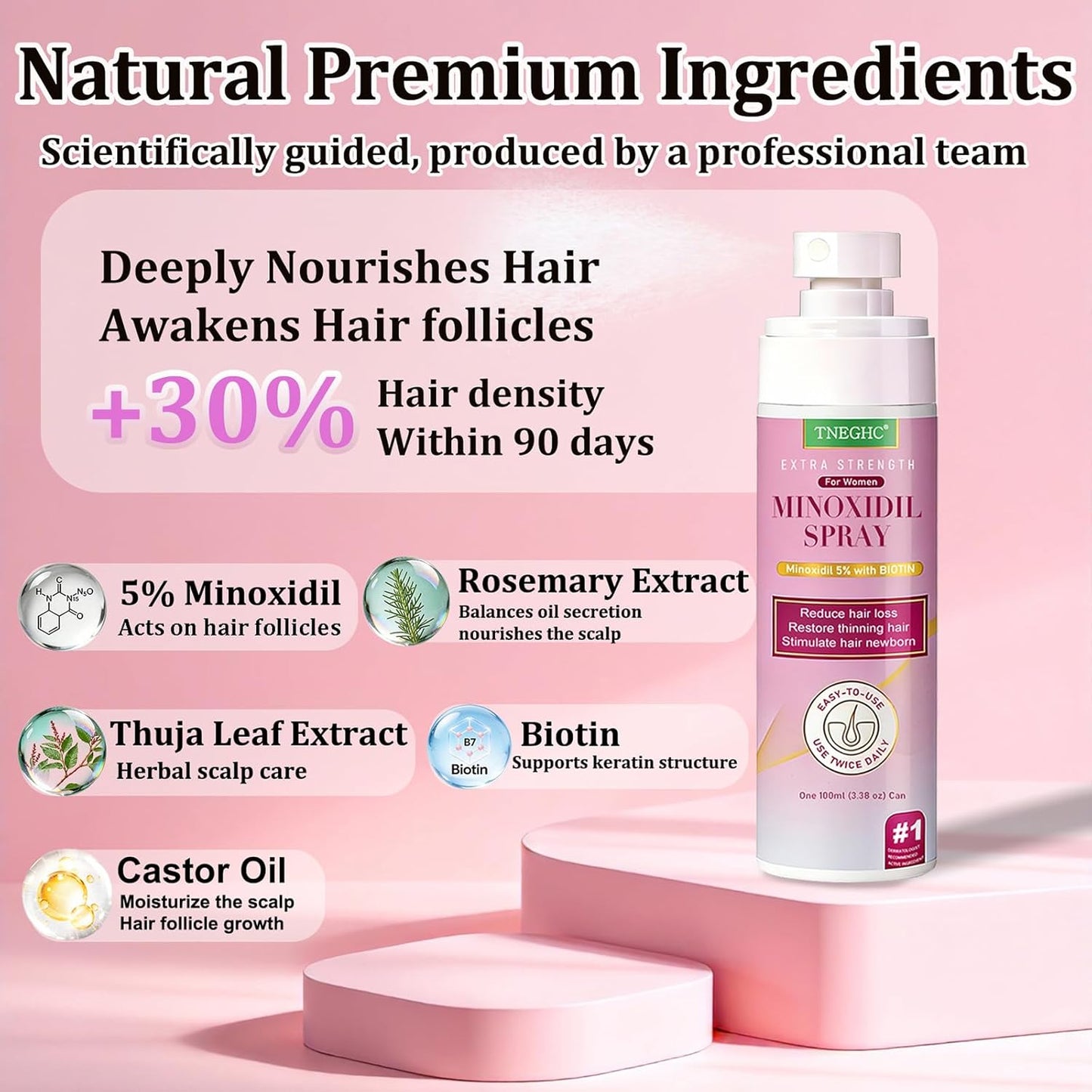 Minoxidil Spray for Hair Regrowth | Extra Strength Treatment with Biotin for Thinning Hair - 5 x 3.38 OZ (8-9 Month Supply)