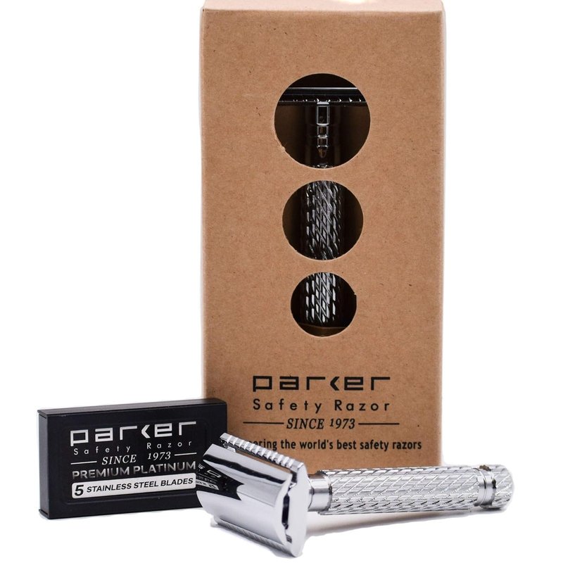 Parker 94R “Hefty” Double-Edge Safety Razor with Standard-Length Handle + 5 Premium Blades – Chrome-Plated Brass, Three-Piece Design, Balanced Weight for Classic Wet Shaving