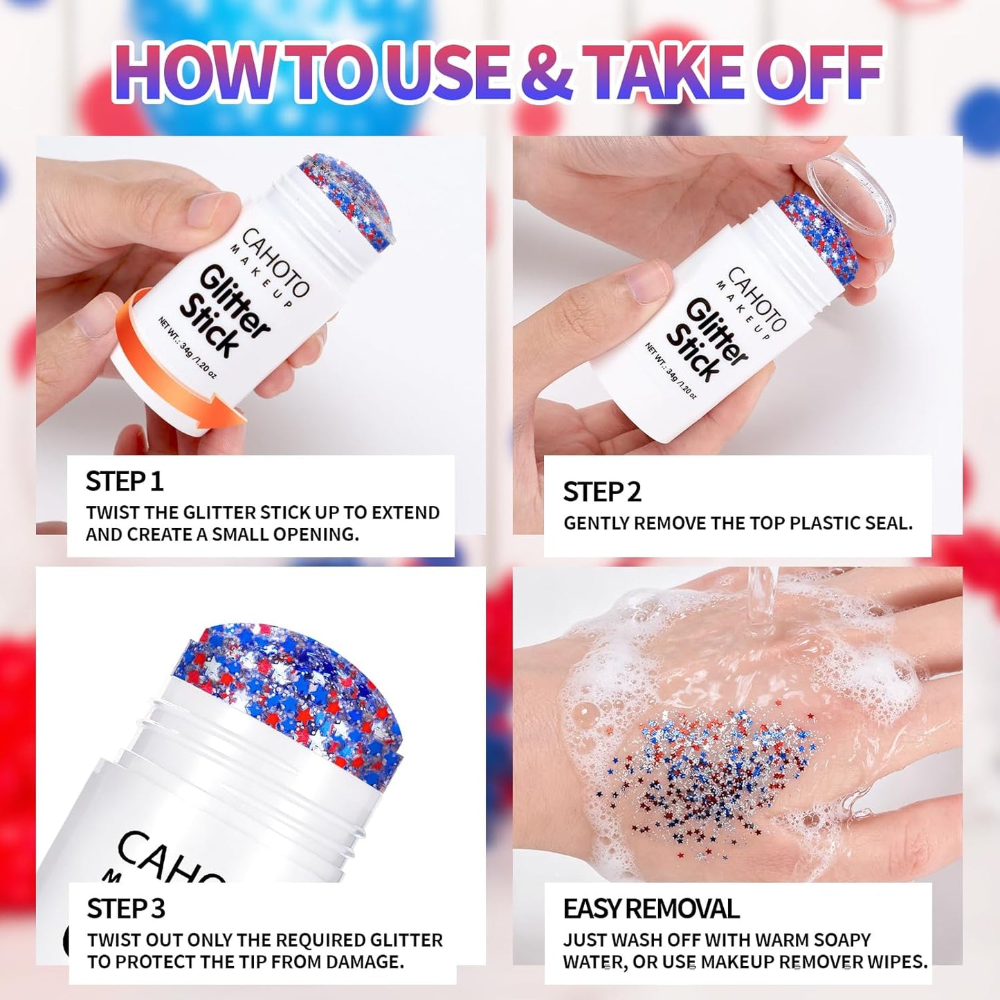 Glitter Stick - Red White Blue Star for Face, Body & Hair | Patriotic Sparkling Sequins for 4th of July & Memorial Day, 1.2oz