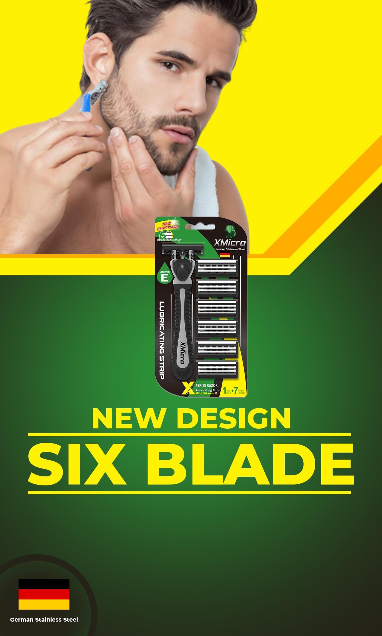 XMicro® Razors for Men, 1 Razor, 7 Blade Refills with German Stainless Steel, Lubricated with Vitamin E, Aloe for Smooth Shave, Shields Against Irritation, Light Weight Version X Men