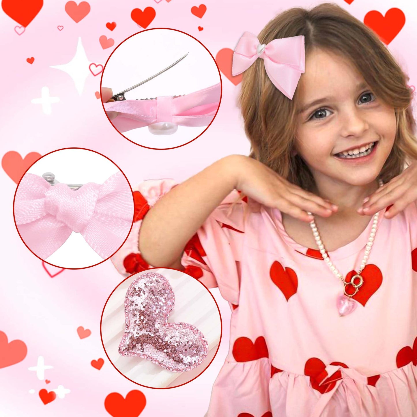 STGDAK Hair Bows Pink Heart Clips Glitter Sequin Bow Clip Mini Heart Hairpin Easter Bowknot Barrettes Satin Ribbon Bows For Girls Easter Basket Stuffers for Girls Gifts