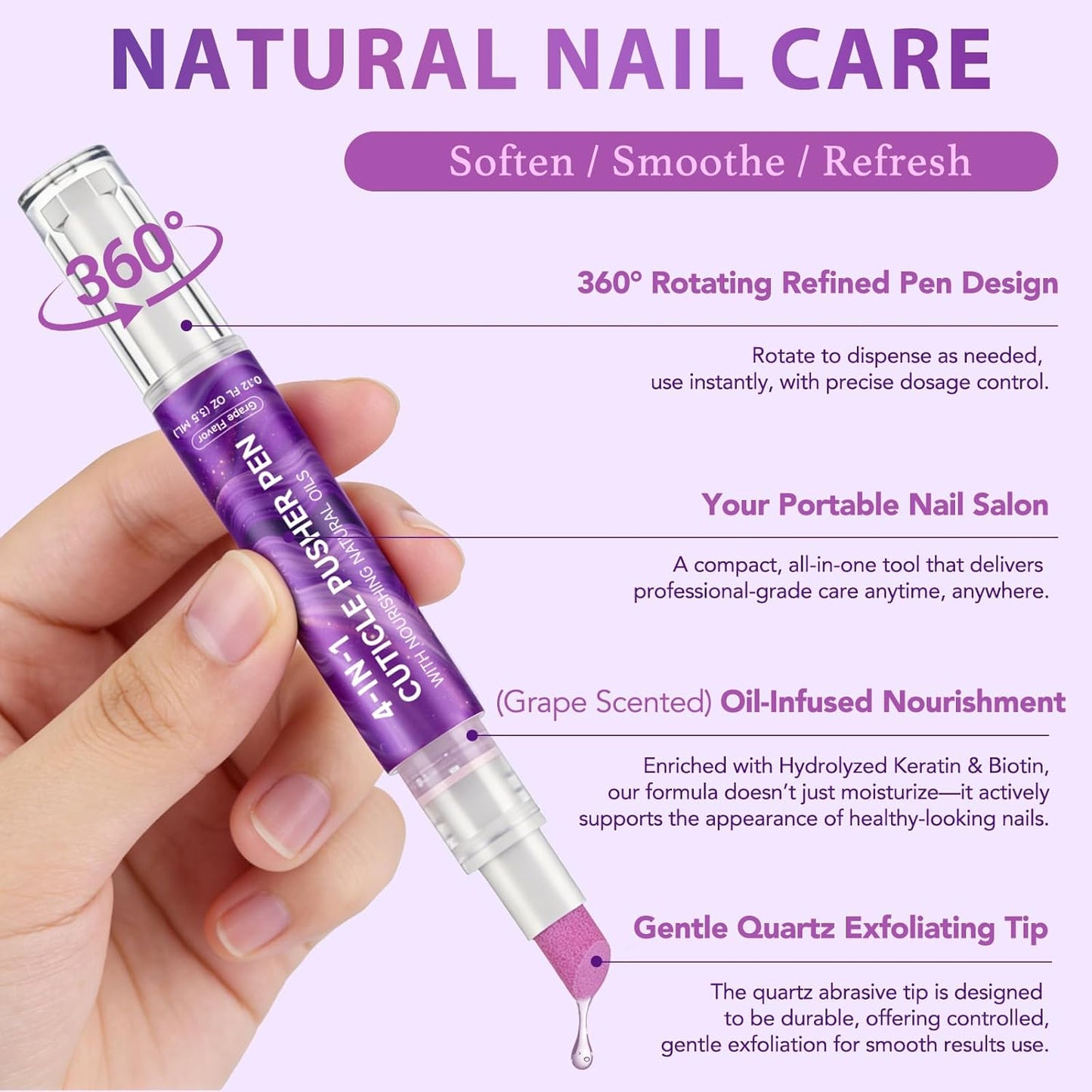 Cuticle Oil Pen - 4-in-1 Nail Care Tool with Quartz Tip | Jojoba & Grapeseed Oil, 3.5ml