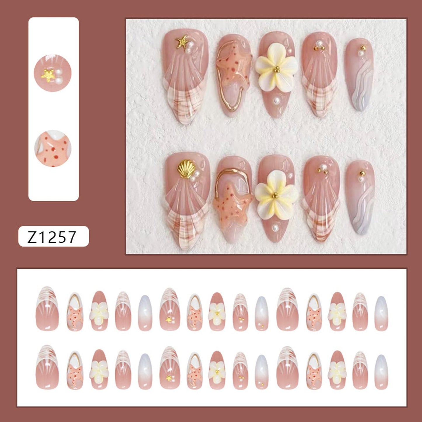 30Pcs Summer Press on Nails Medium Almond French Tip Fake Nails with 3D Ocean Seashell Starfish Designs Yellow Flower False Nails Pink Glossy Full Cover Water Ripples Acrylic Stick on Nails for Women