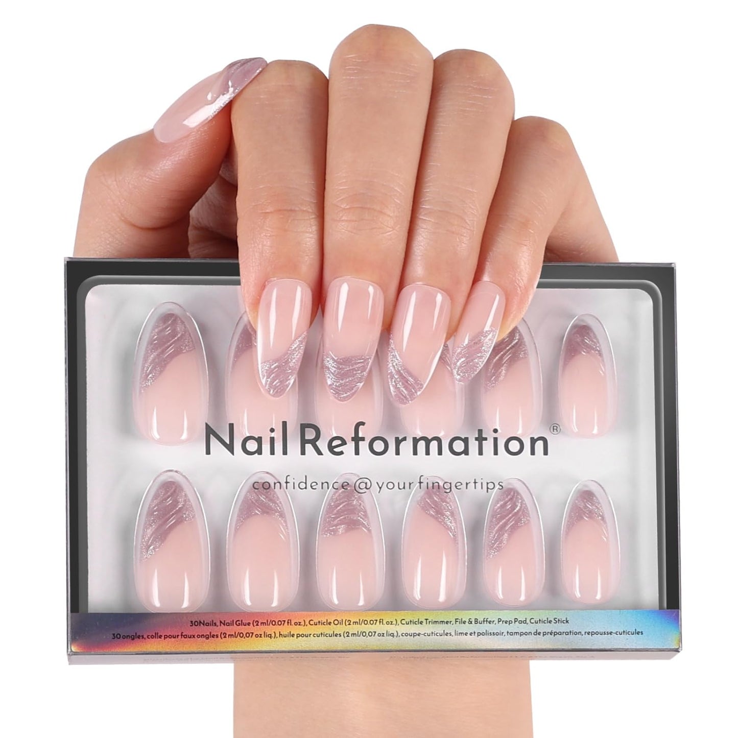 Press On Nails - Rose Gold Foil Medium Almond Fake Nails | Brown Blush Shimmer, Glossy Finish, Reusable - 30 Nail Kit with Glue, 15 Sizes