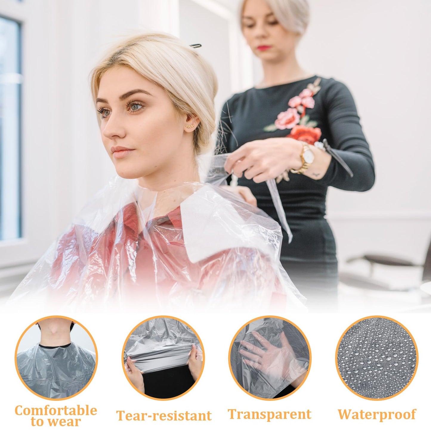200 Pcs Disposable Salon Cape, 47 x 35 Inch Waterproof Shampoo Cape, Clear Plastic Barber Shampoo Capes, for Hair Stylist Dye Cutting Coloring Perming Beauty Salon