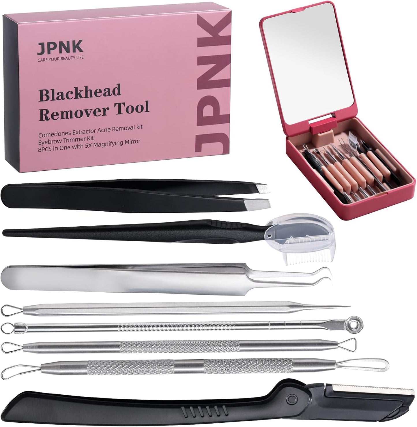 Blackhead Remover Tool Kit - 8-Piece Comedones Extractor & Eyebrow Trimmer with 5X Magnifying Mirror | Silver