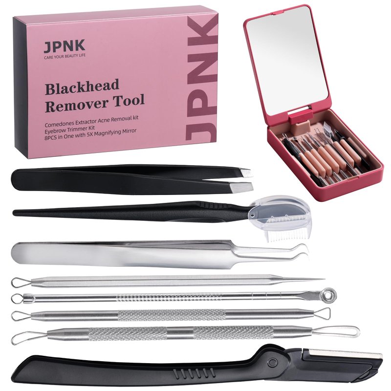 JPNK Blackhead Remover Tool Comedones Extractor Acne Removal kit & Eyebrow Trimmer Kit, 8PCS in One with 5X Magnifying Mirror (Silver)