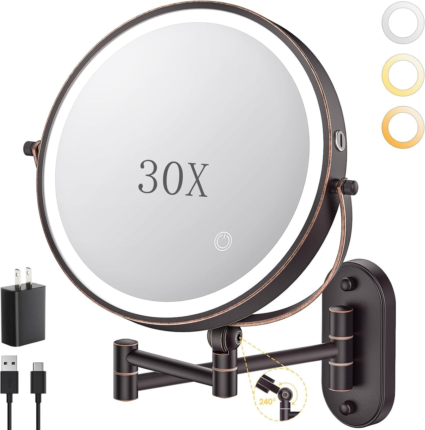 ZLOKLA 9" Wall Mounted Lighted Makeup Mirror - 1X/30X Magnification, Touch Dimmable, 360° Rotation, Rechargeable