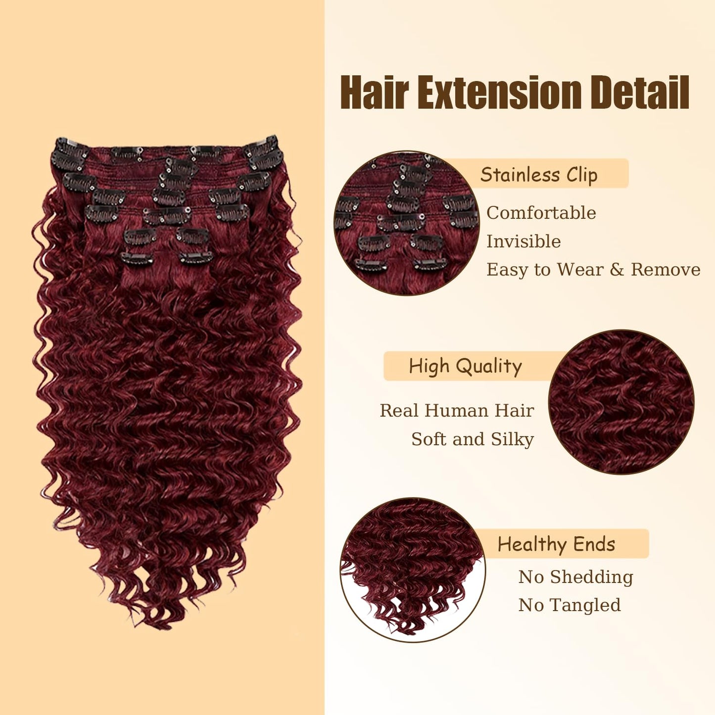 #99J Burgundy Clip in Hair Extensions Real Human Hair, 30 Inch 120g/7Pcs,Full Shine Remy Human Hair,Wine Red Deep Wave Clip ins Brazilian Virgin Human Hair Extensions