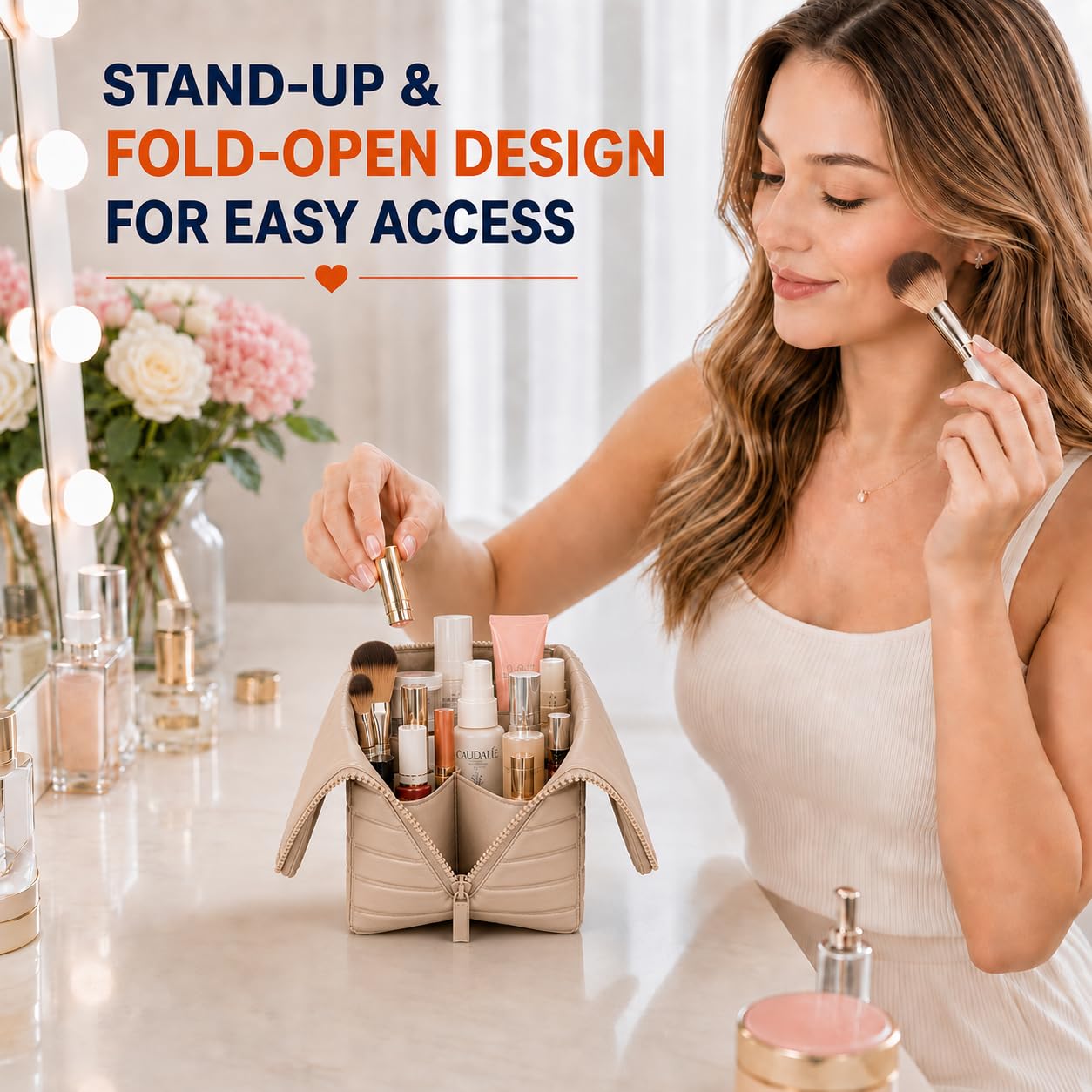 Travel Makeup Bag for Women, Fold Down Stand-Up Striped Makeup Organizer with Adjustable Dividers, 27 Pockets, 3 Brush Holders, Waterproof PVC Cosmetic Toiletry Bag for Travel, Beige