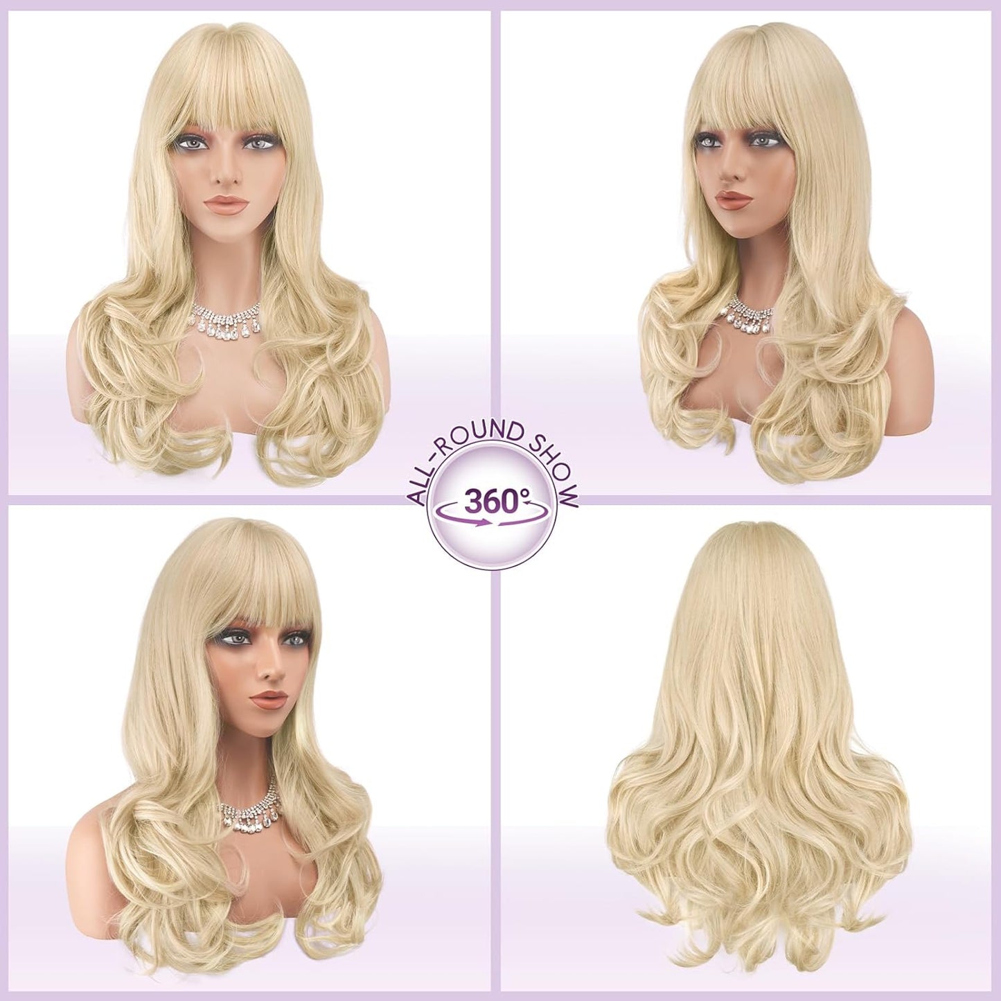 Blonde Wigs with Bangs - Long Wavy Layered Synthetic Hair Wig | Natural-Looking, Heat Resistant, 24 Inch for Daily Wear & Parties