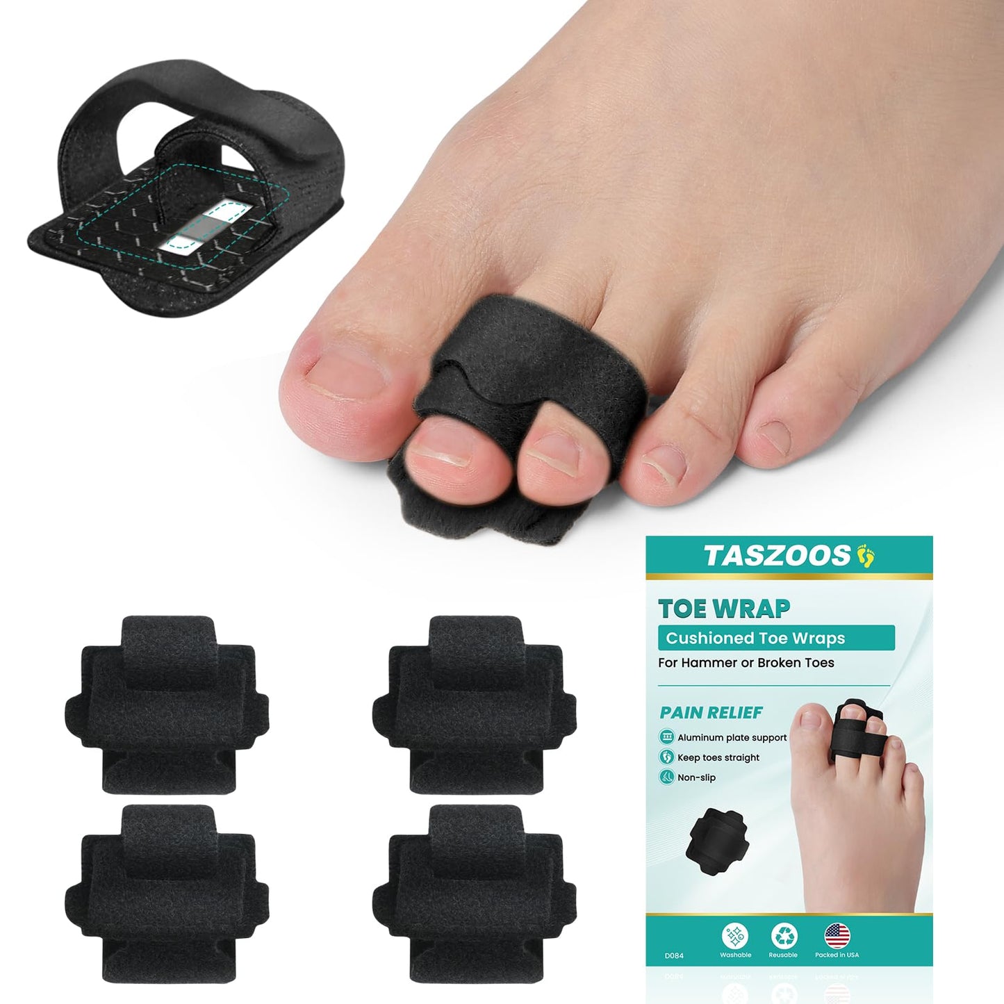 TASZOOS Hammer Toe Straightener - 4 Pcs Non-Slip Toe Splints Wraps, Hammer Toe Corrector Relief for Broken Toes, Crooked Toes & Overlapping Toes