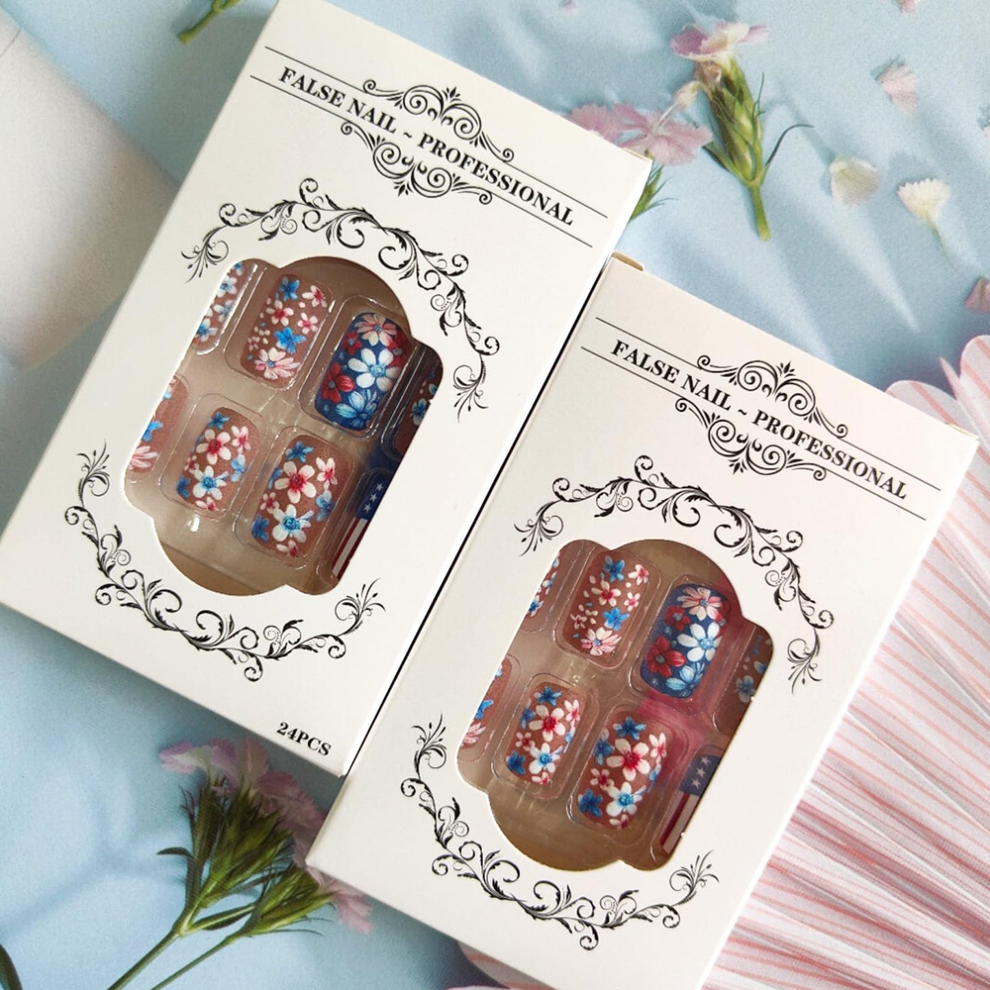 4th of July Press on Nails Medium Square Fake Nails Red Blue Flowers Design Matte Glue on Nails American Flag False Nails Independence Day Stick on Nails for Women Girls 24Pcs