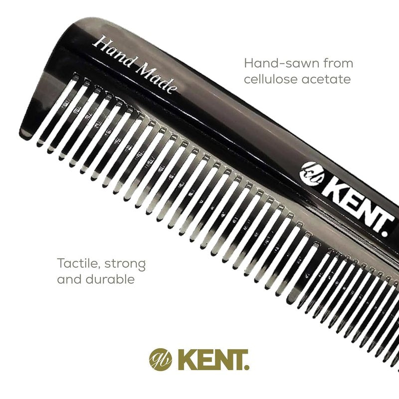 Kent R7T Black Graphite Fine and Wide Tooth Hair Comb, Handmade Pocket Comb for Men, Best Beard and Mustache Combs for Everyday Grooming and Styling, Sawcut Kent combs, Made in England