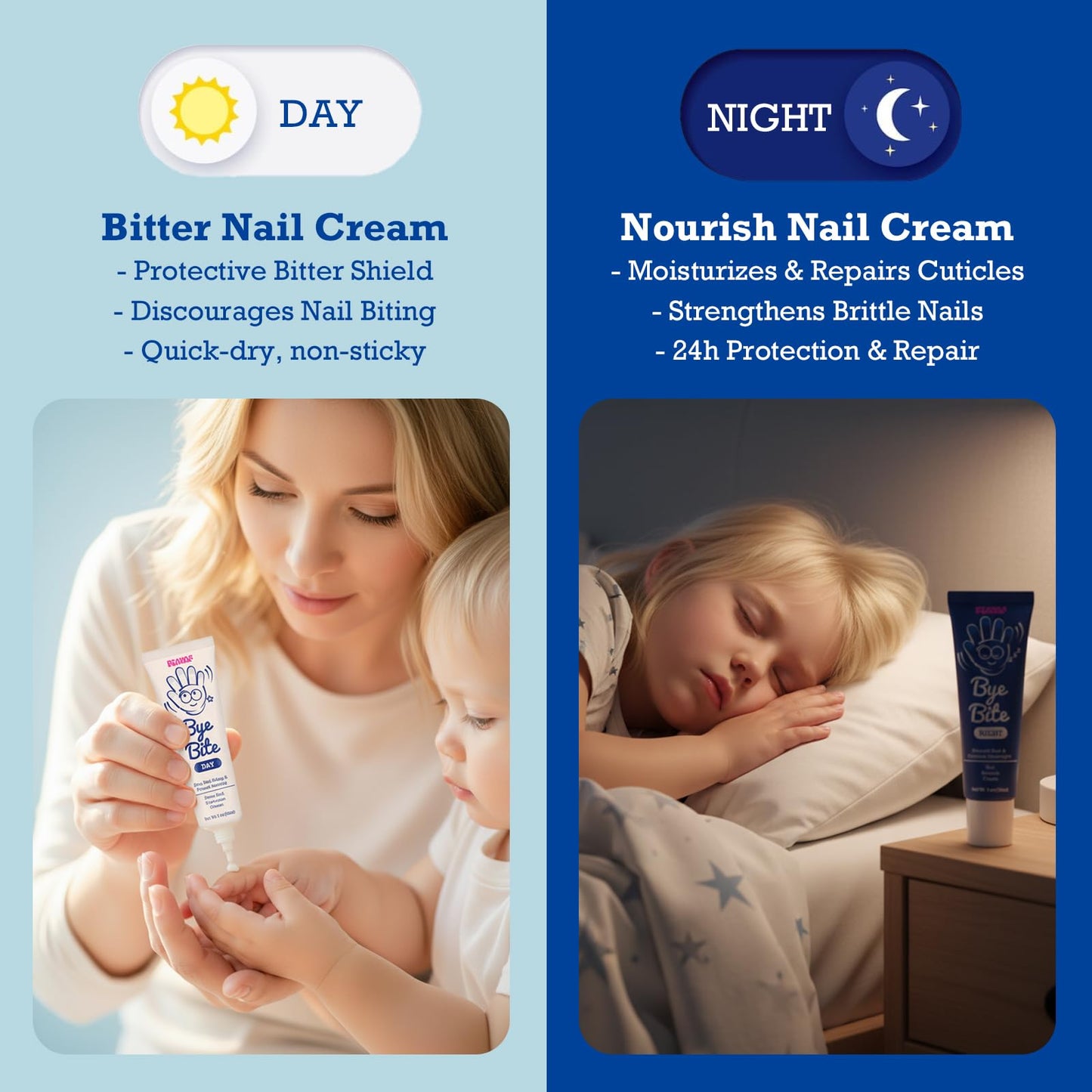 ByeBite Nail Biting & Thumb Sucking Solution – Natural Day & Night Nail Care Duo | Bitter Nail Protection Cream + Nail Nourish Cream | Plant-Based Formula | Helps Encourage Healthy Nail Habits